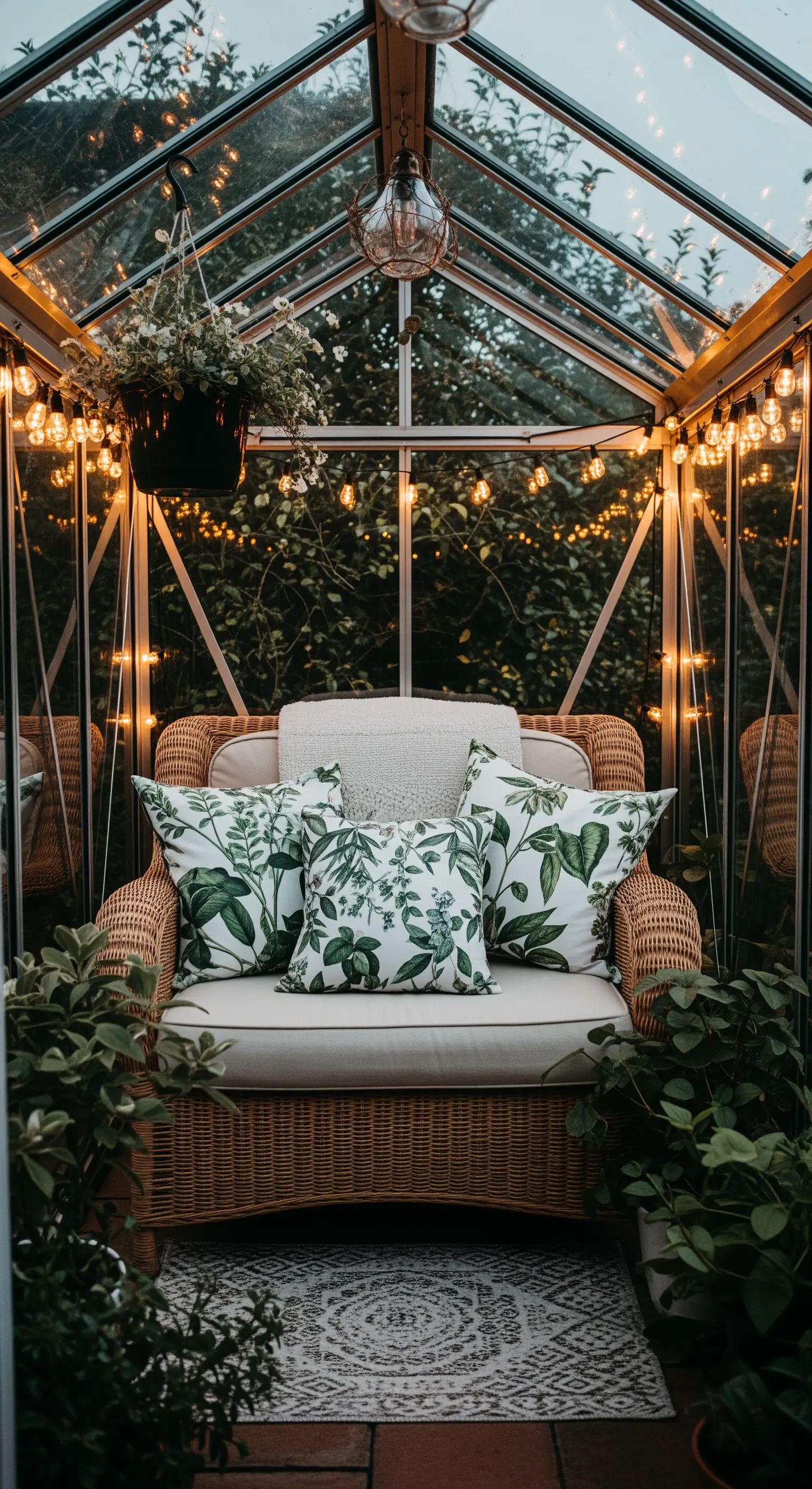 Poltrona in vimini all'interno di una serra illuminata da numerose stringhe di luci calde.