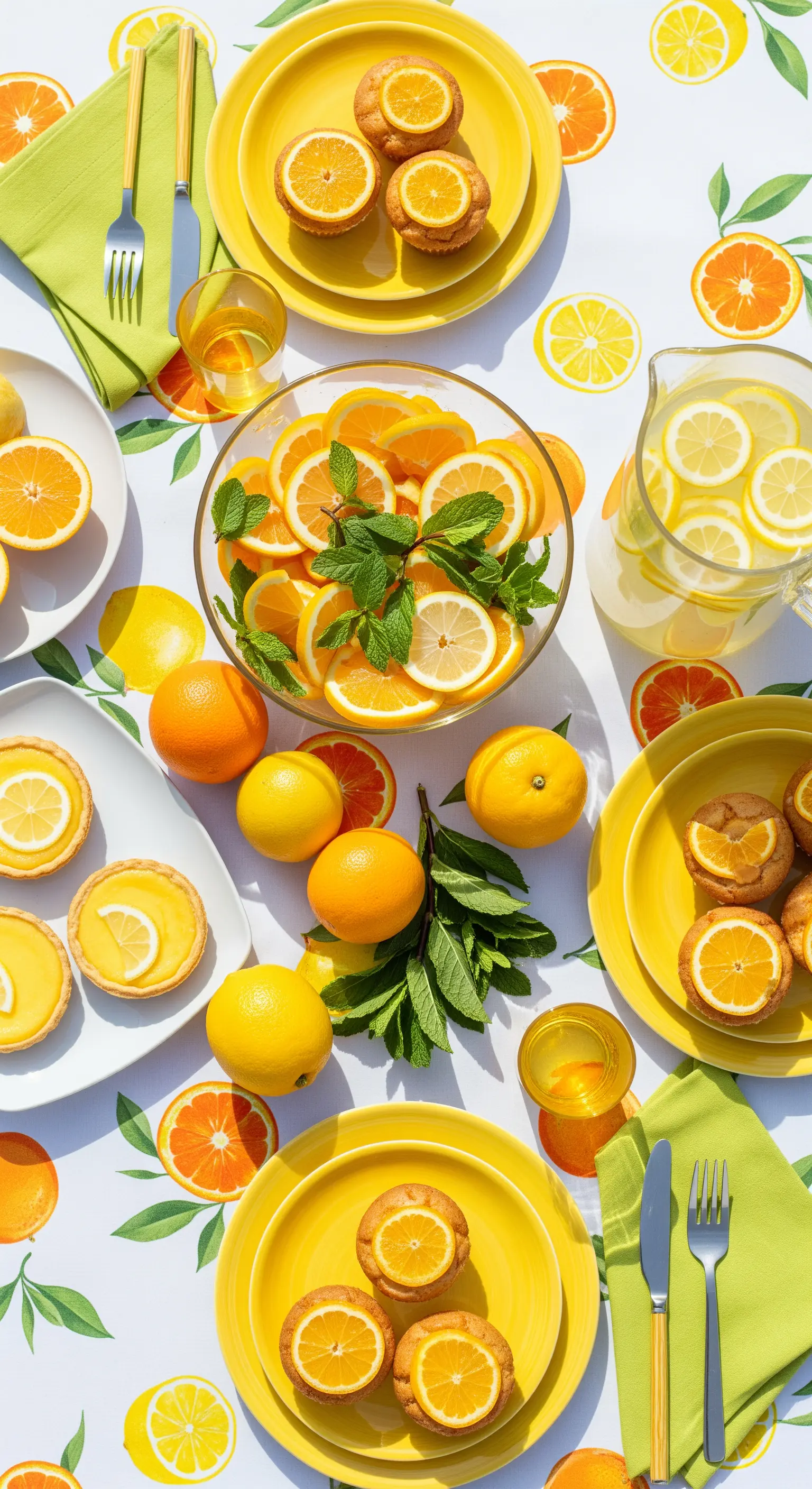 Tavola da picnic a tema agrumi con stoviglie gialle, crostatine al limone e una brocca di limonata.