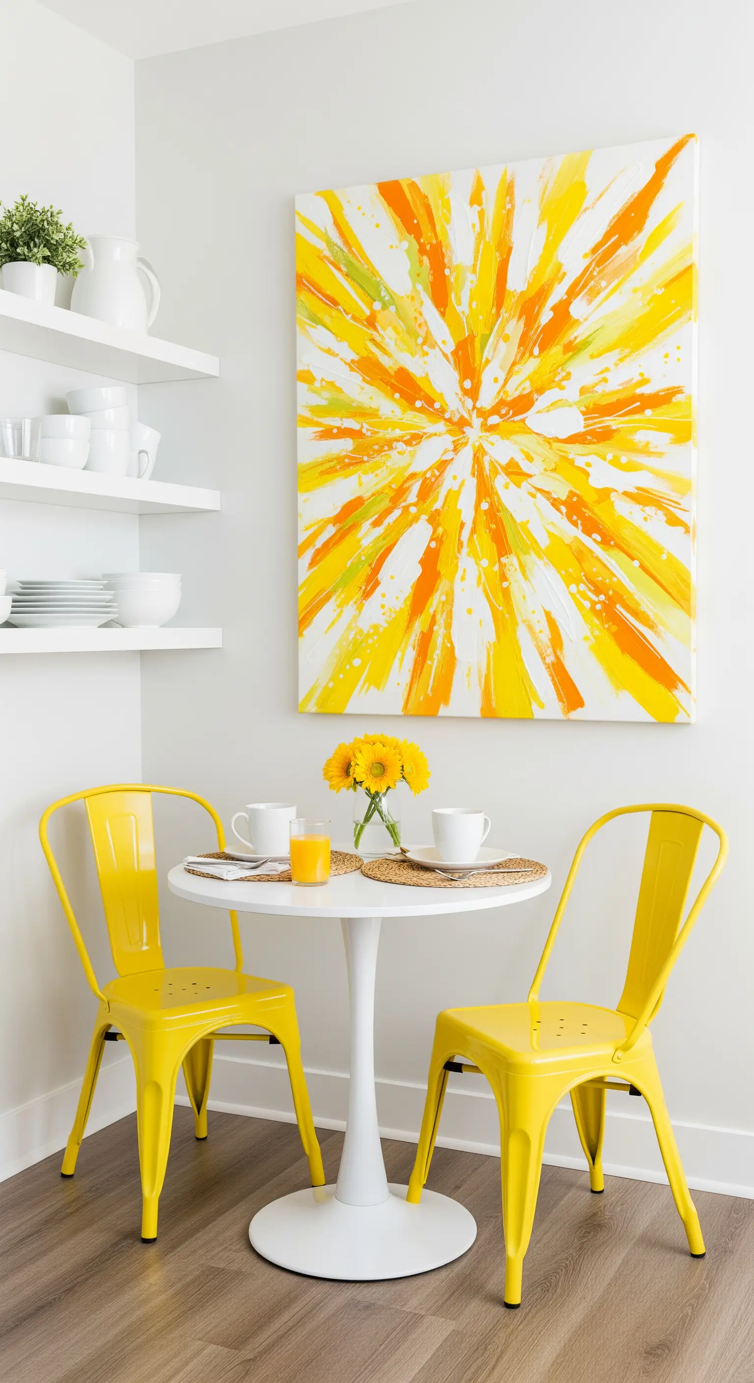 Angolo colazione con sedie gialle, mensole bianche e un quadro astratto giallo e arancione.