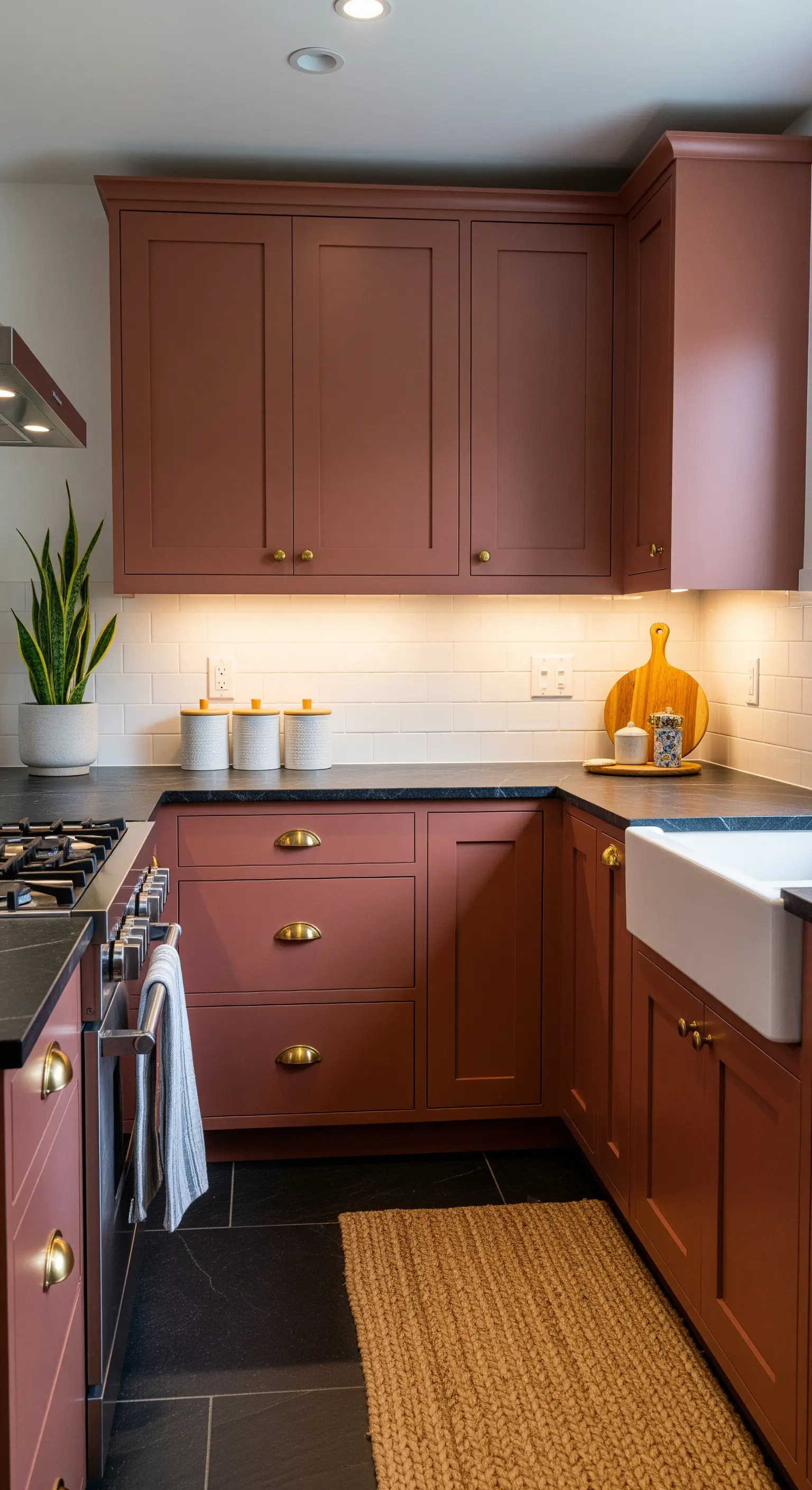 Cucina con mobili shaker color terracotta rosato, top nero e maniglie in ottone.