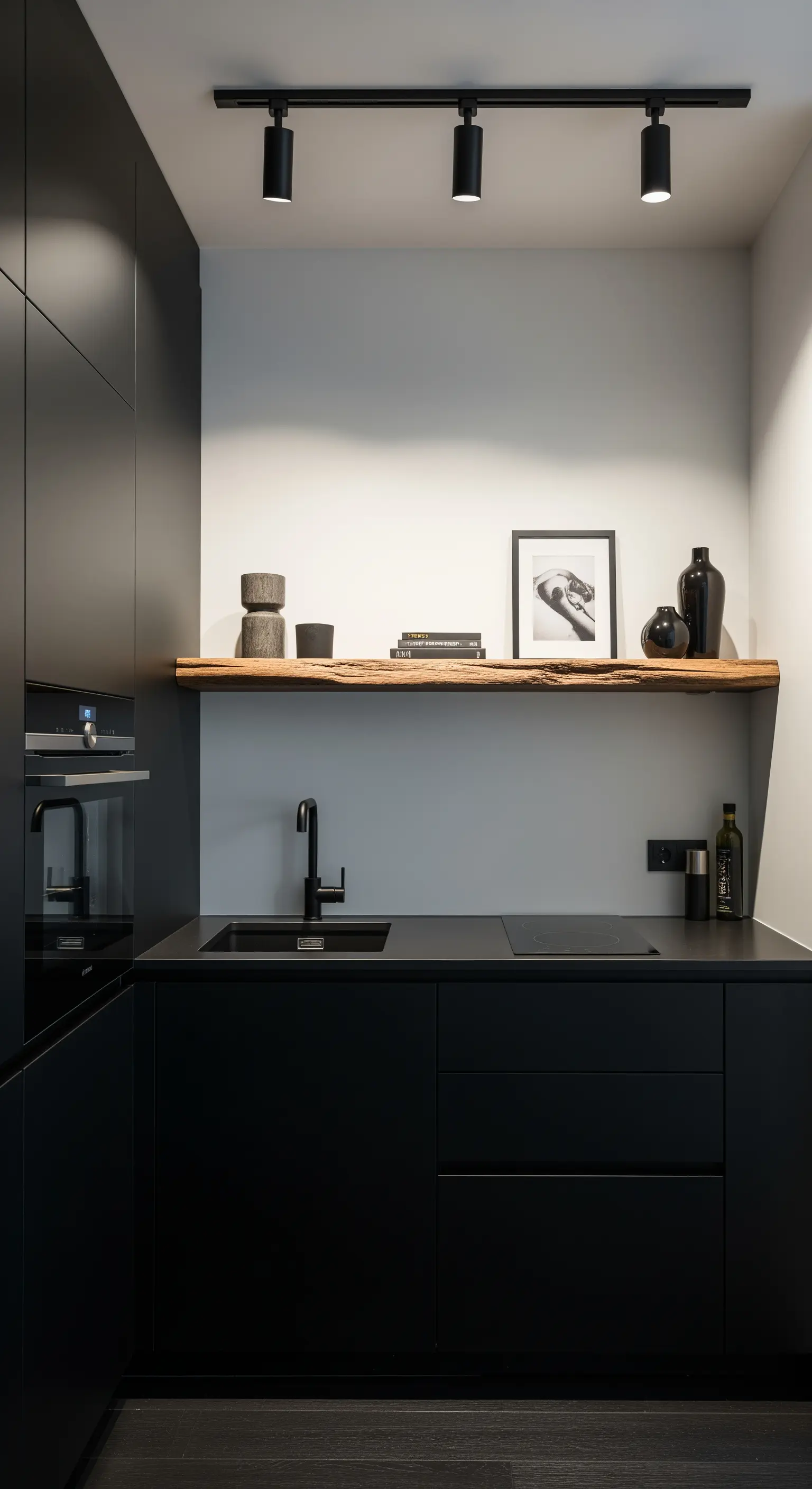 Angolo cucina minimalista con mobili neri, top nero e una mensola spessa in legno grezzo.