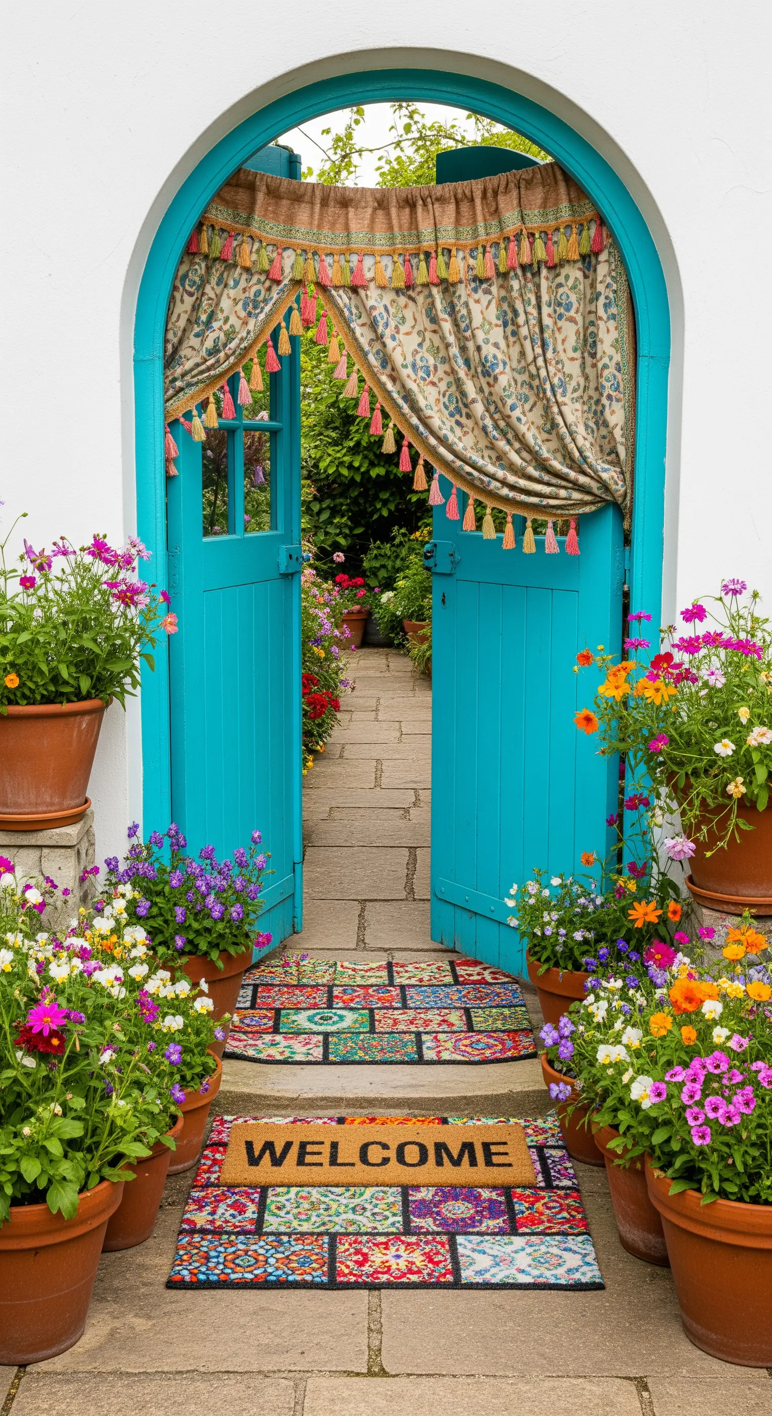 Porta turchese che si apre su un giardino, incorniciata da vasi di fiori e con uno zerbino patchwork.