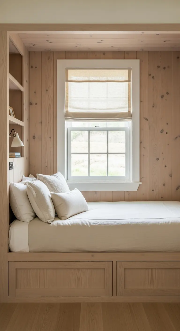 Letto inserito in una nicchia di legno con una tenda a pacchetto in lino color crema.