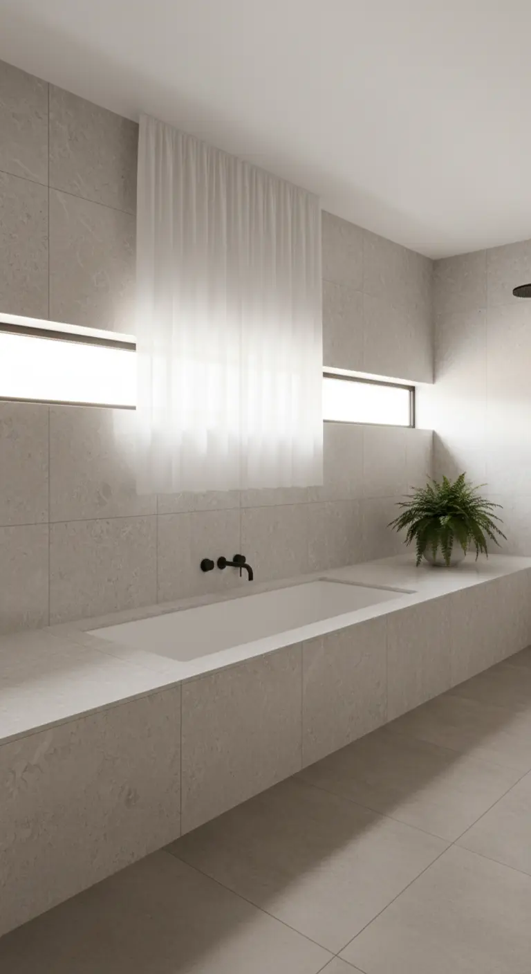 Vasca da bagno in muratura tra due finestre strette, con una tenda bianca sospesa al centro.