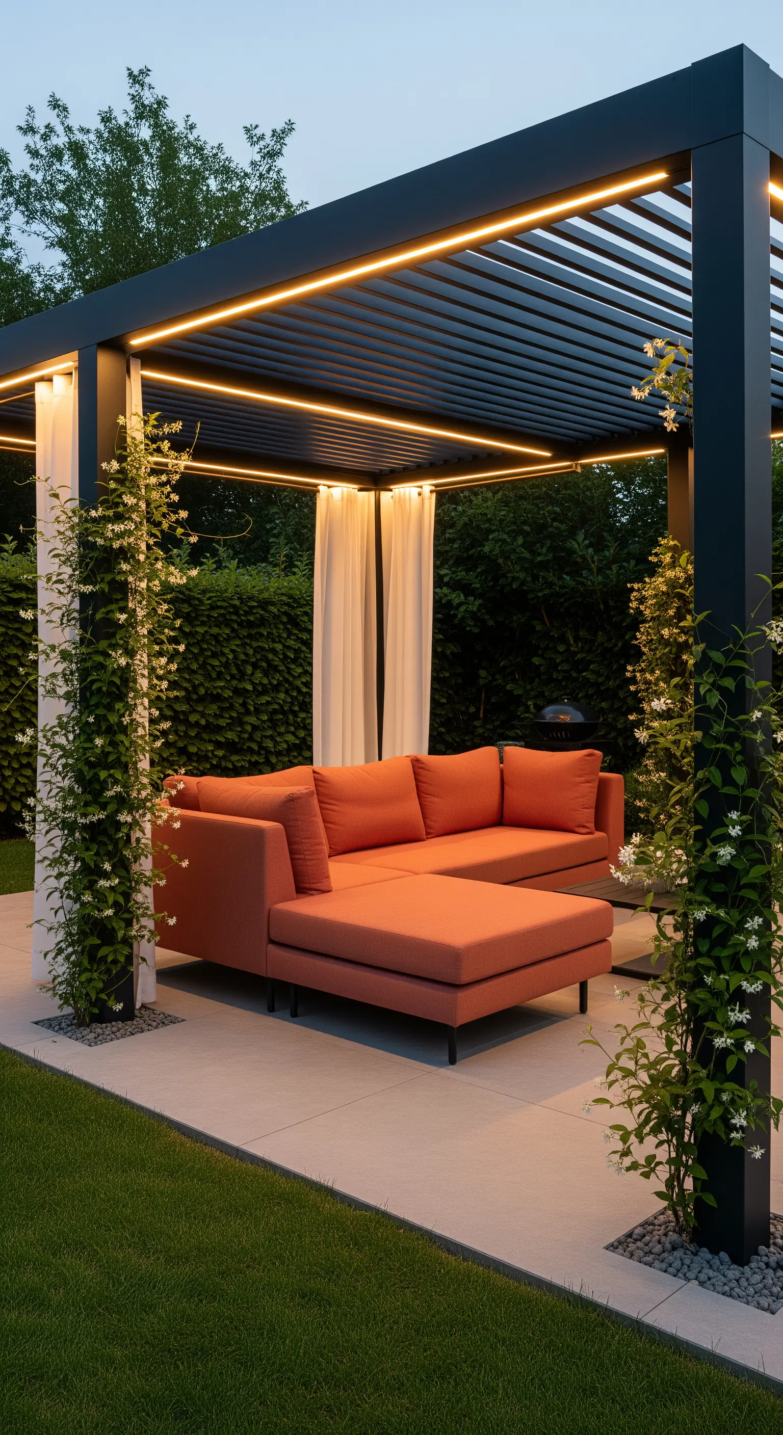 Moderna pergola nera con strisce LED e un divano color corallo.