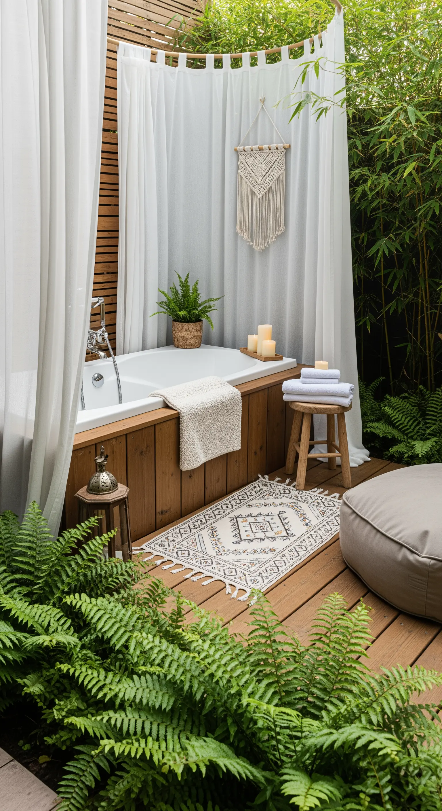 Vasca da bagno esterna su un deck in legno, circondata da tende bianche e felci.