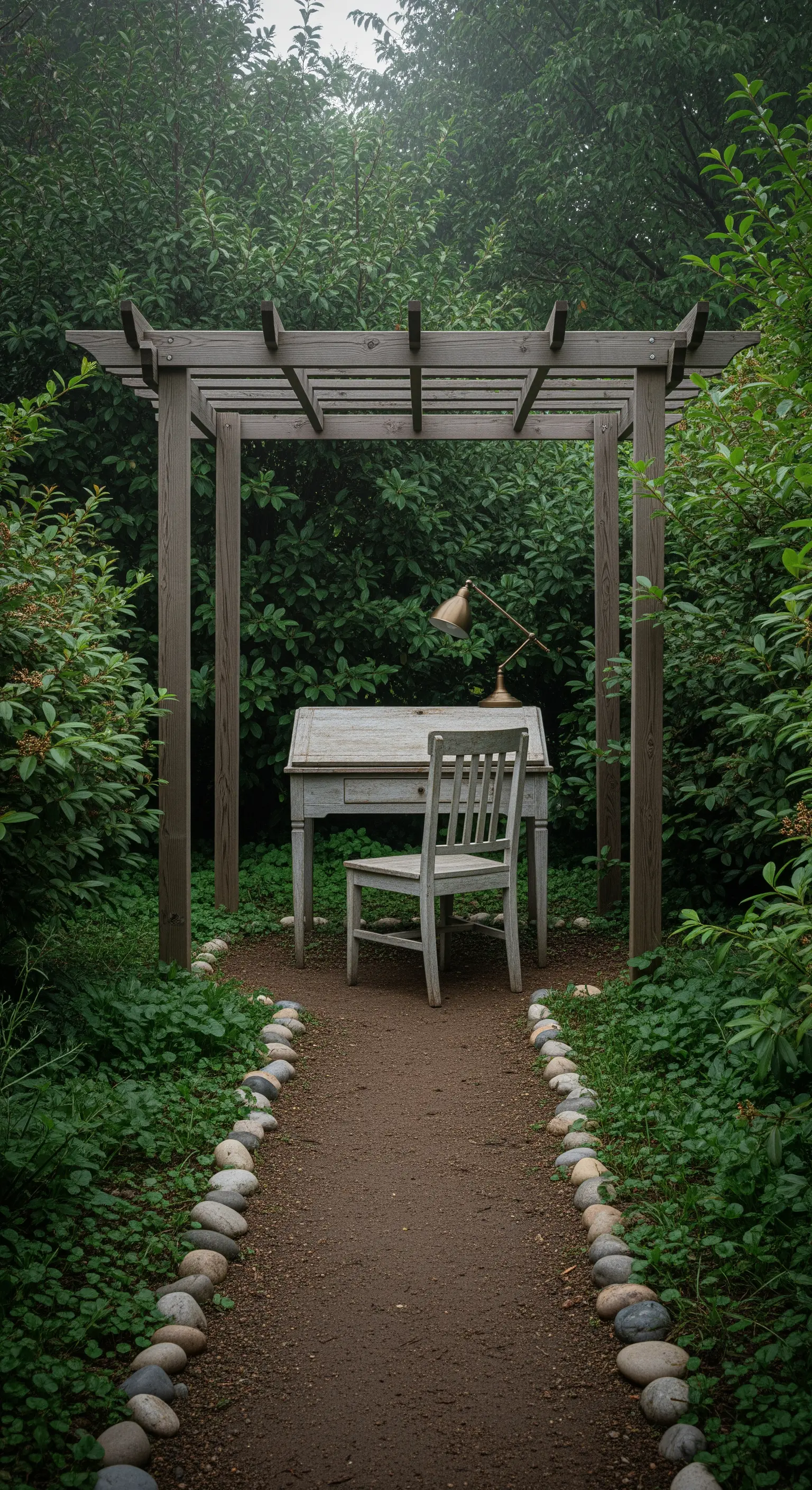 Una scrivania e una sedia bianche posizionate sotto un semplice pergolato di legno in mezzo al verde.