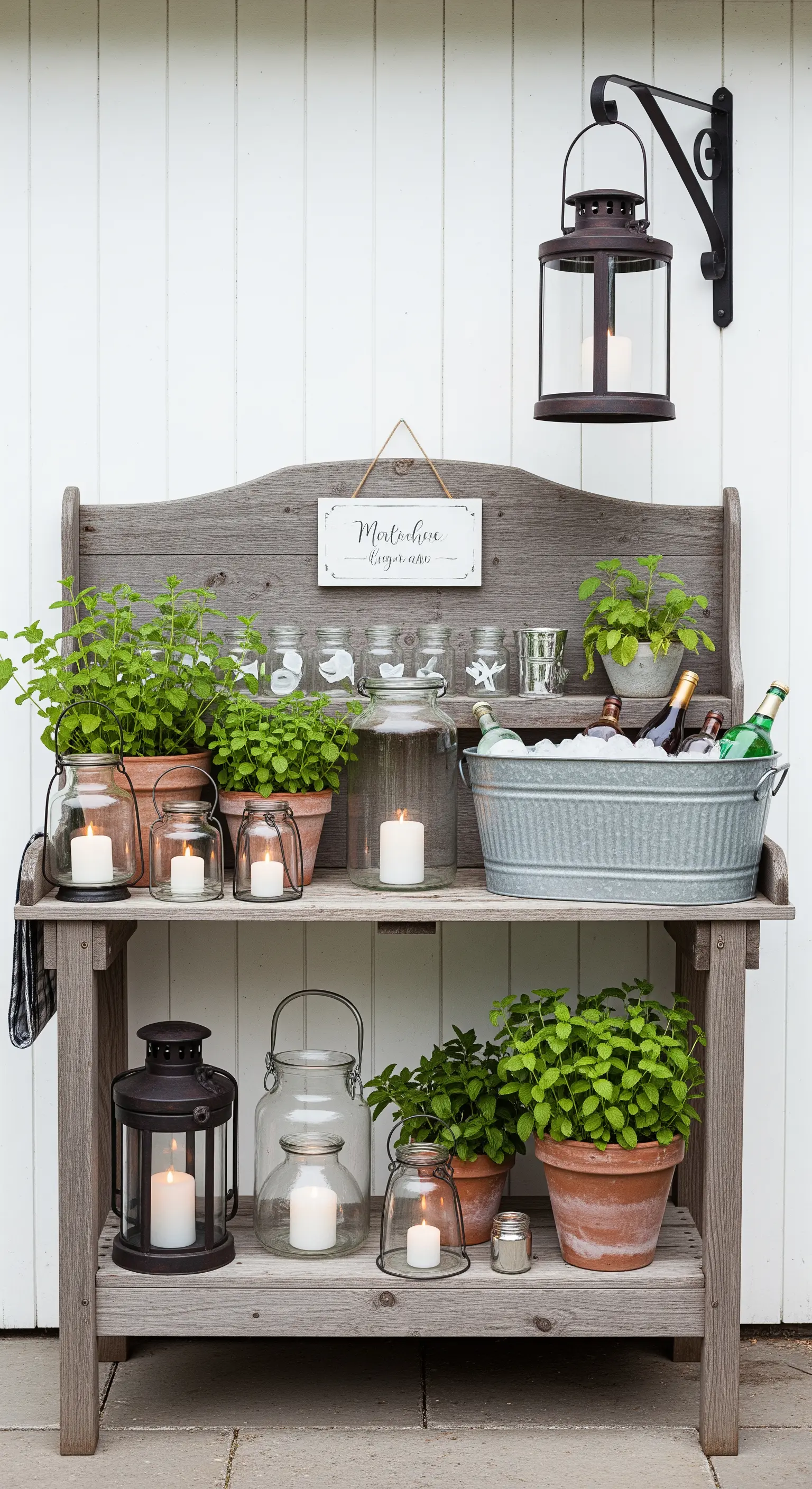 Consolle da giardinaggio in legno trasformata in angolo bar con menta, lanterne e bevande.