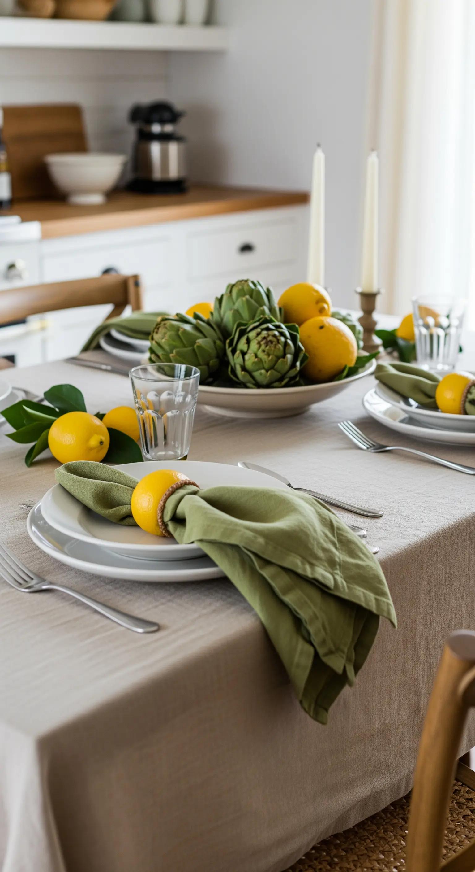 Tavola apparecchiata con tovaglioli in lino verde oliva e limoni freschi come decorazione.