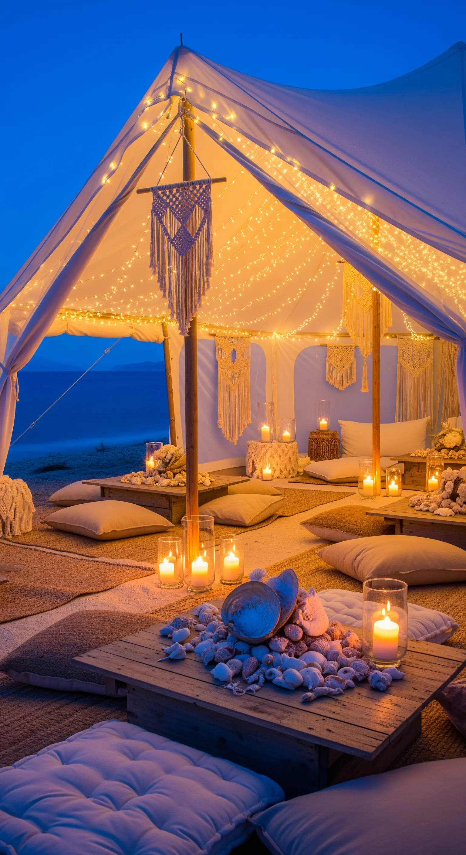 Tenda da spiaggia illuminata di notte con lucine, candele e cuscini.