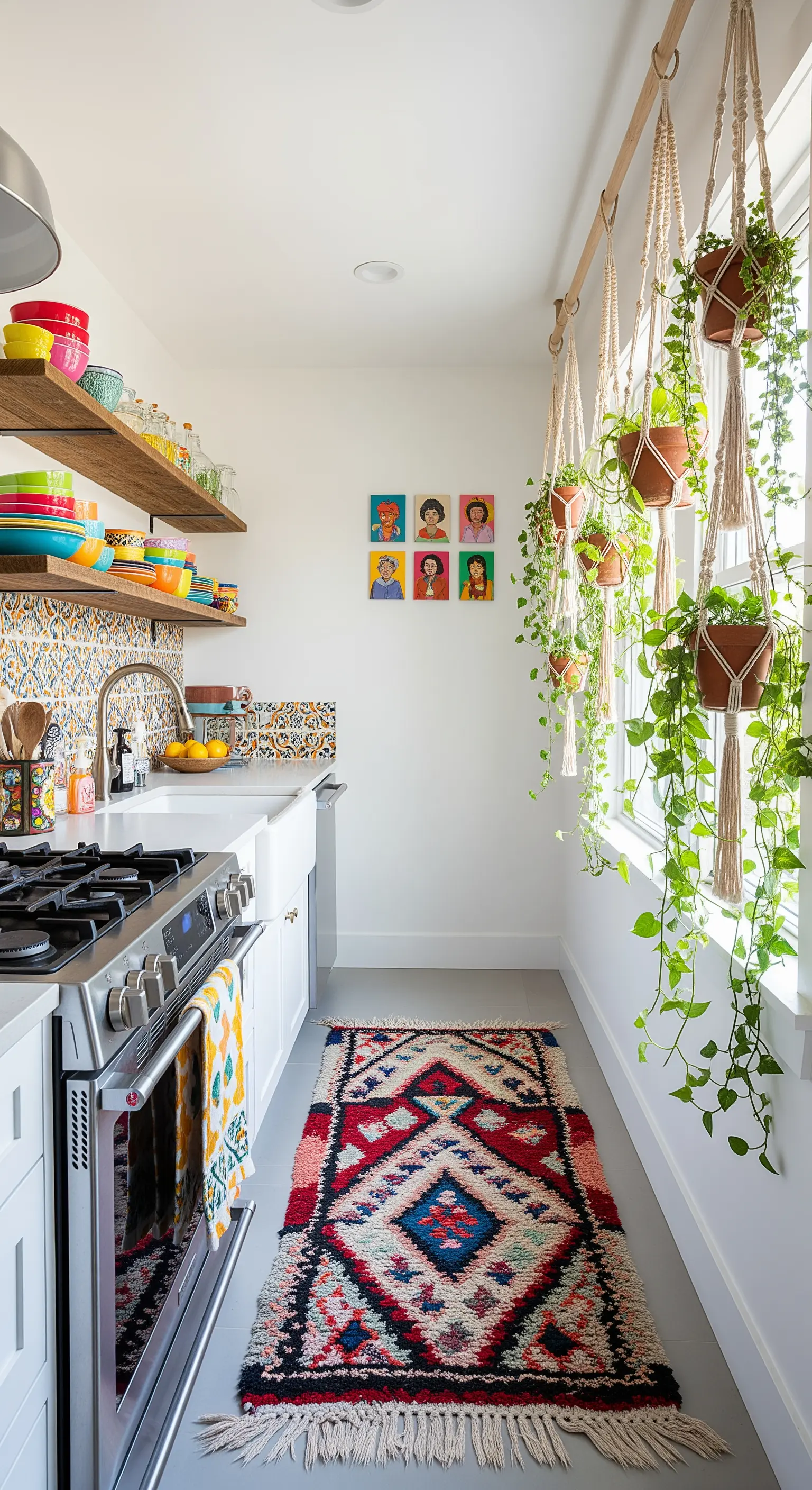 Cucina stretta con piante sospese in macramè davanti alla finestra e un tappeto etnico colorato.