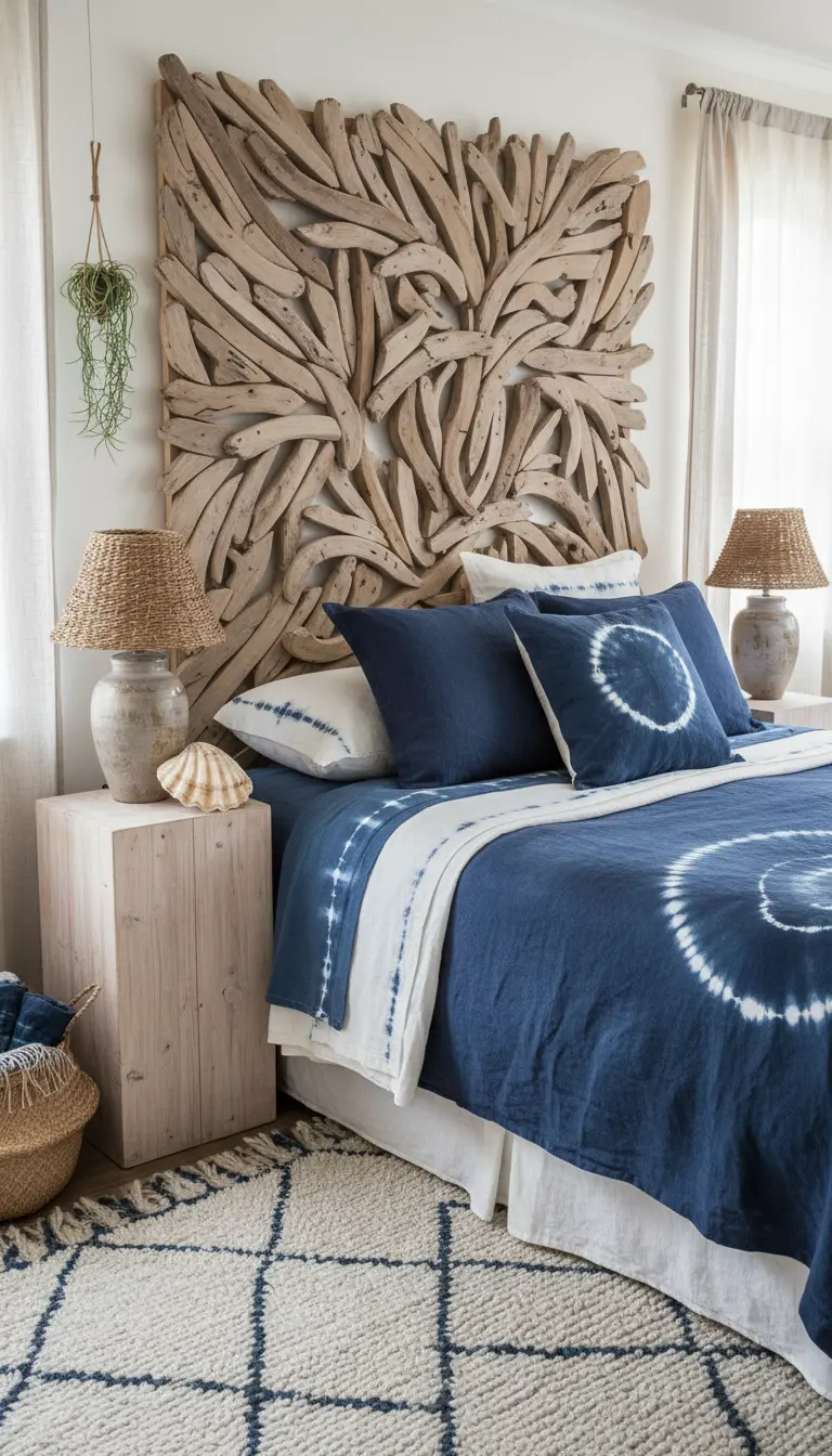 Imponente testiera artistica realizzata con legni di mare e biancheria da letto blu tie-dye.