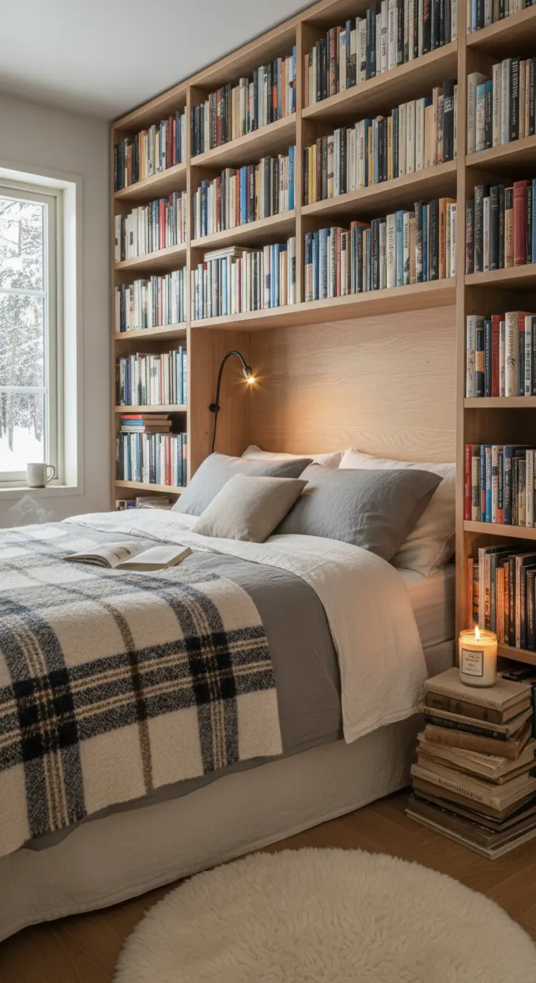 Letto incassato in una libreria a tutta parete che funge da testiera, con una coperta a quadri.