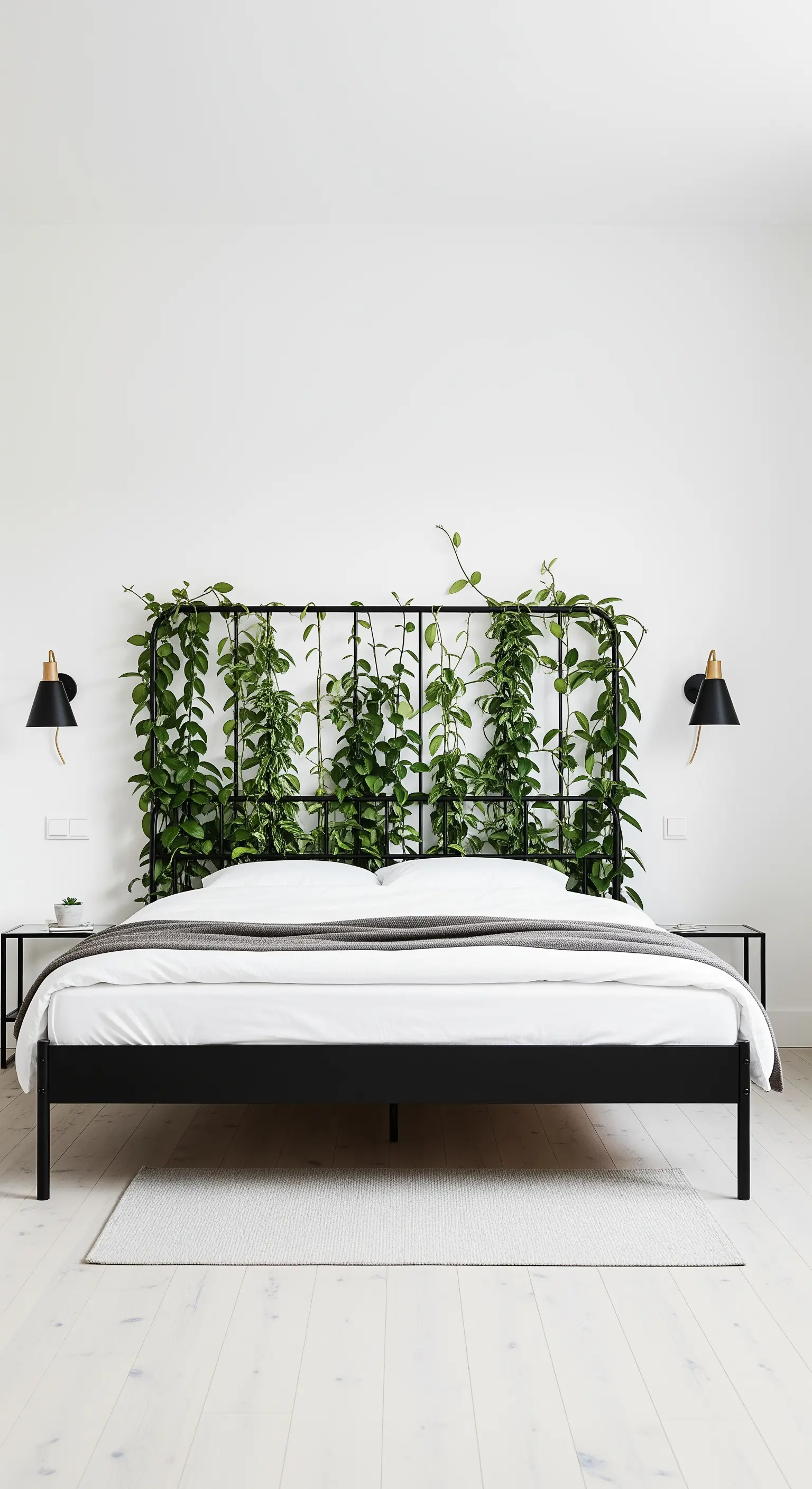 Letto minimalista con una testiera a griglia in metallo nero su cui si arrampicano piante verdi.