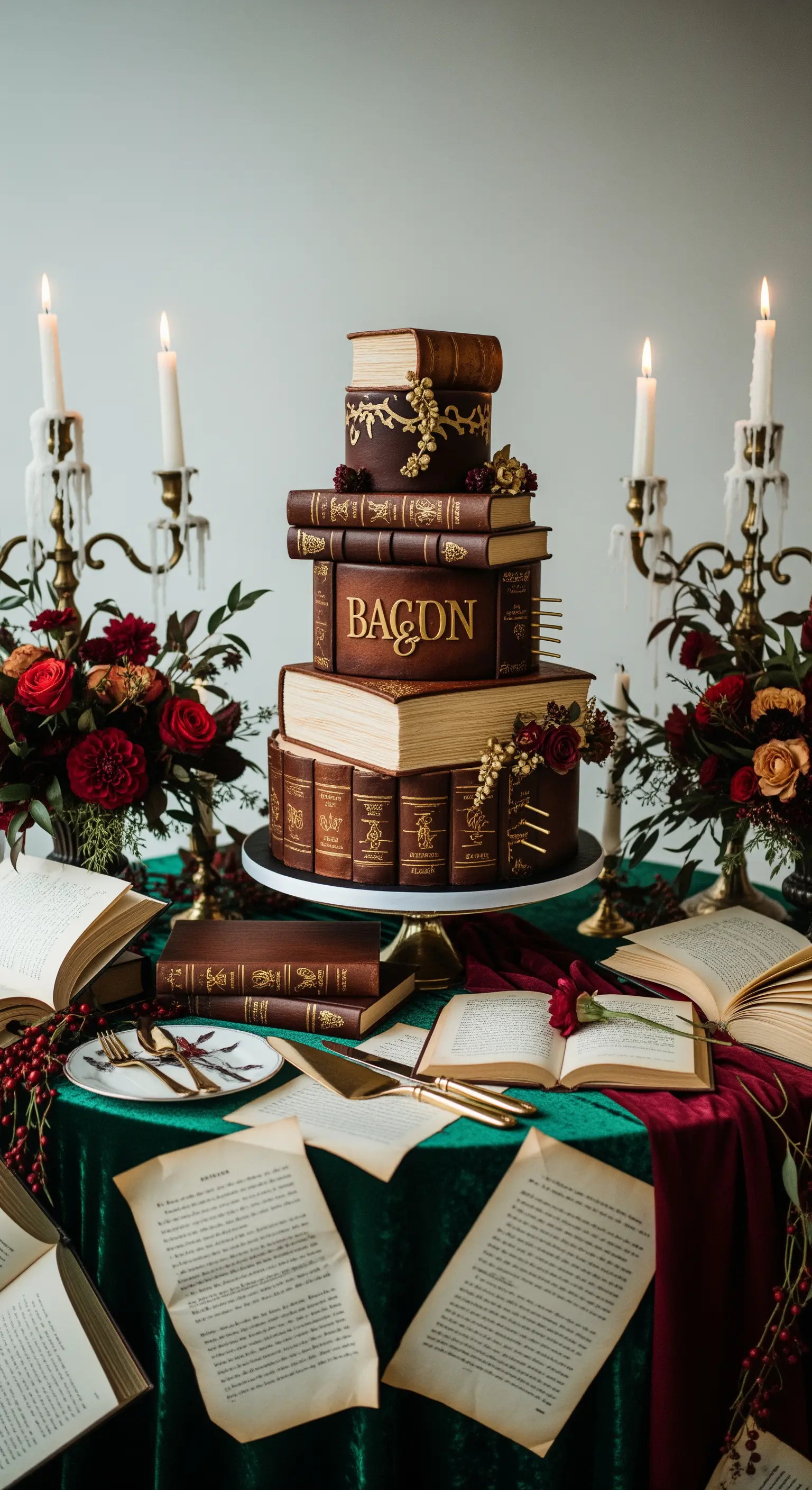 Torta nuziale a forma di pila di libri antichi in pelle marrone con decorazioni dorate.