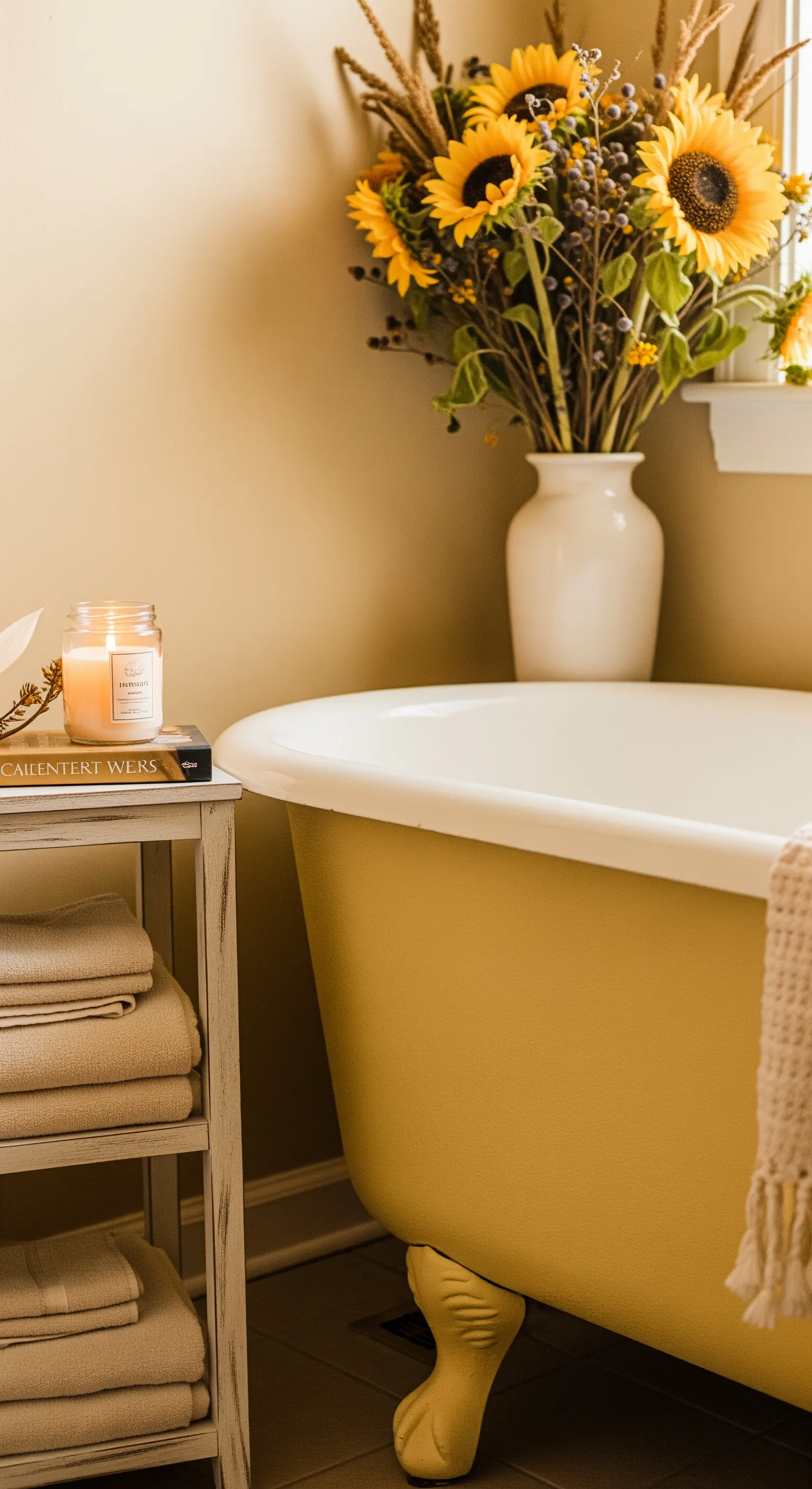 Vasca da bagno vintage con piedini dipinta di giallo, con un vaso di girasoli accanto.