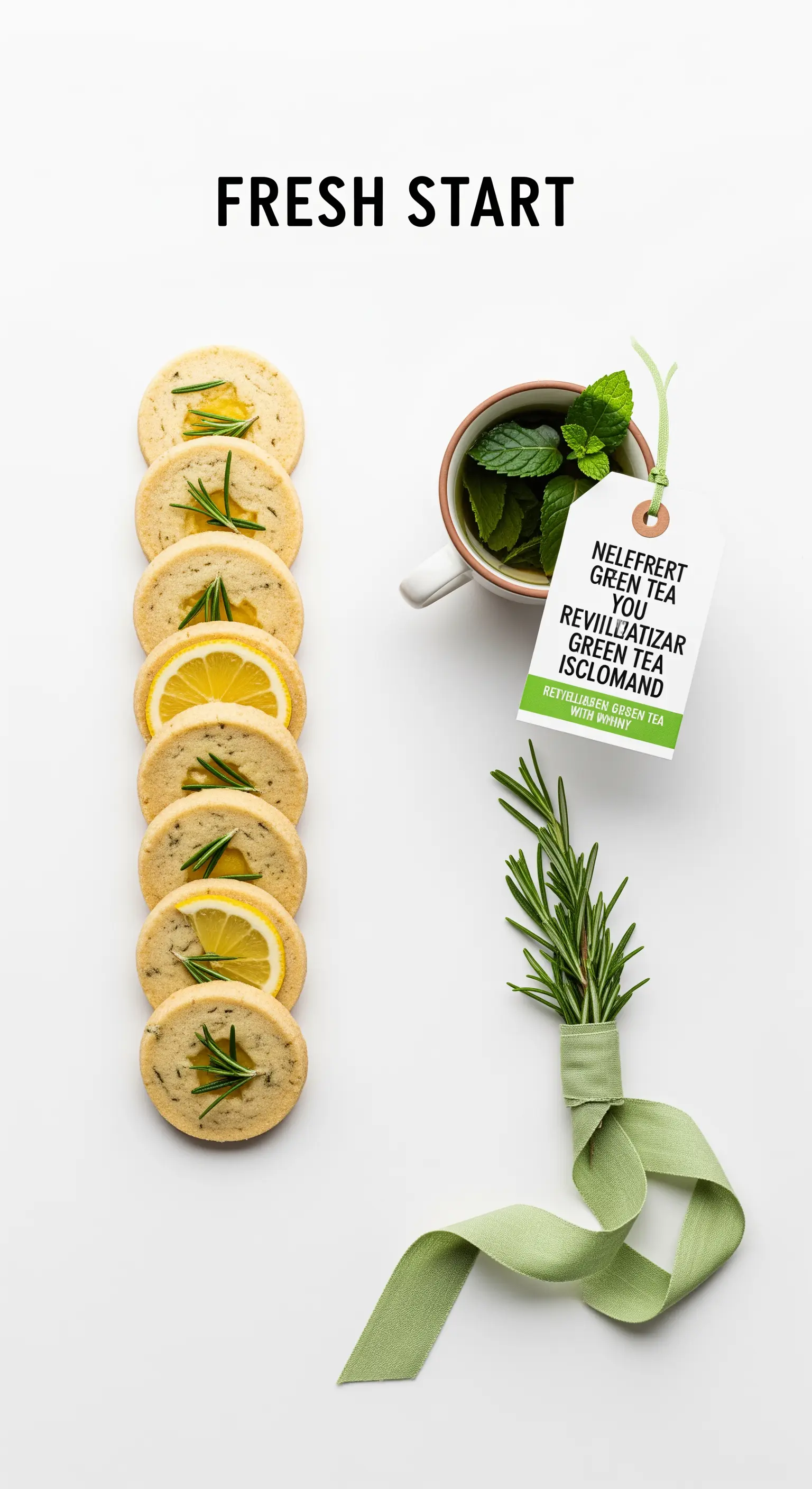 Biscotti al limone e rosmarino allineati accanto a una tazza di tè alla menta.