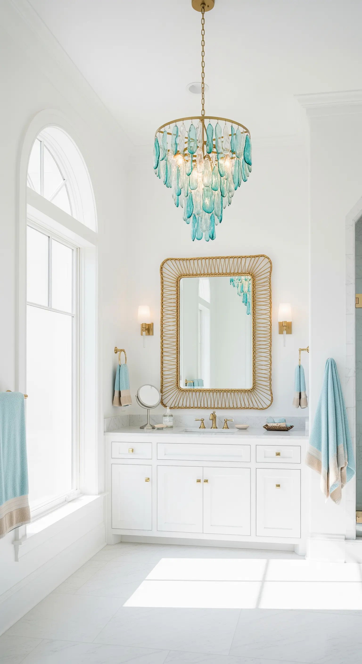 Bagno bianco e luminoso con un lampadario in vetro turchese e accessori coordinati.