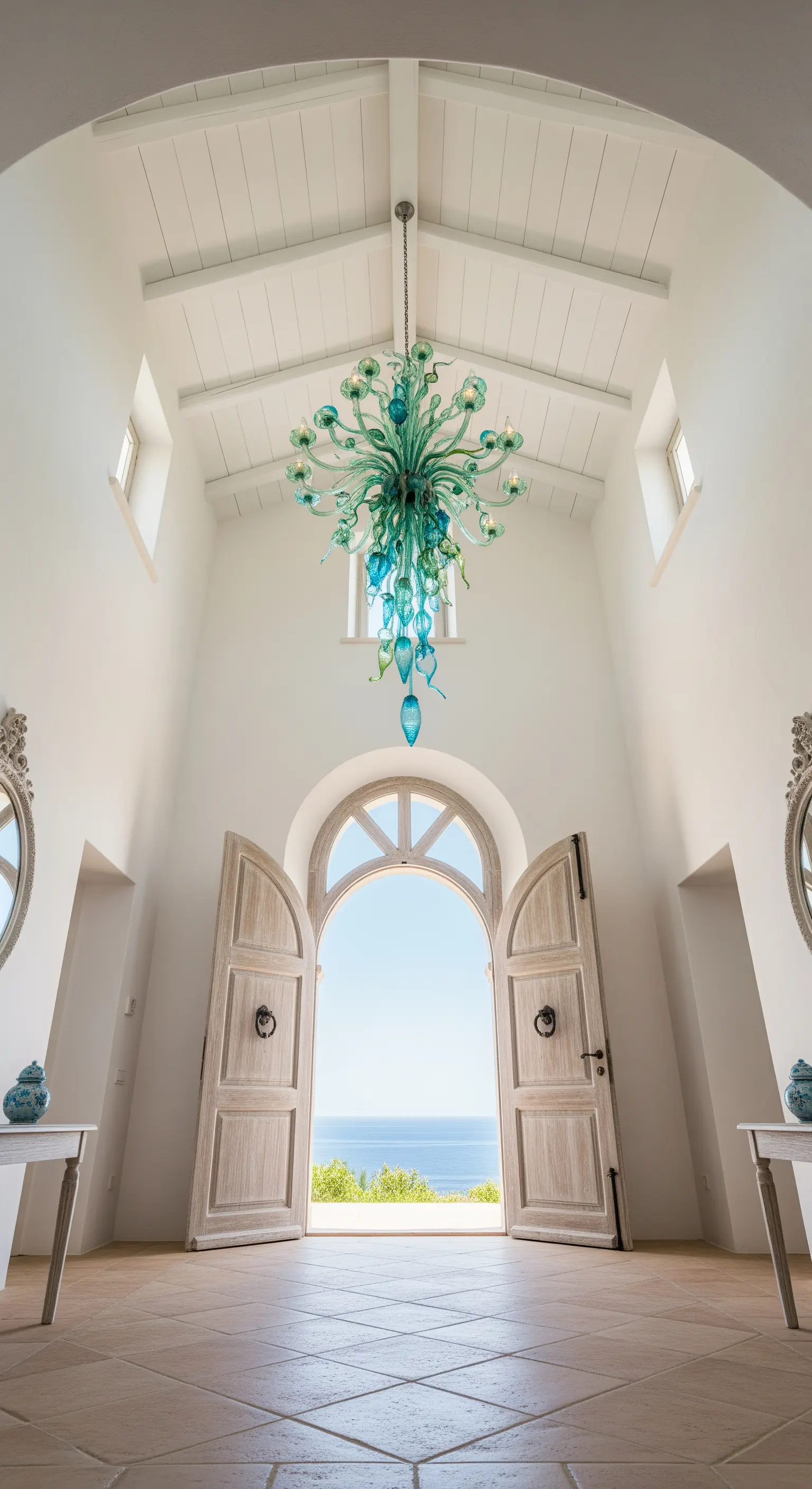 Ingresso bianco in stile mediterraneo con soffitto a capanna e lampadario in vetro di Murano turchese.
