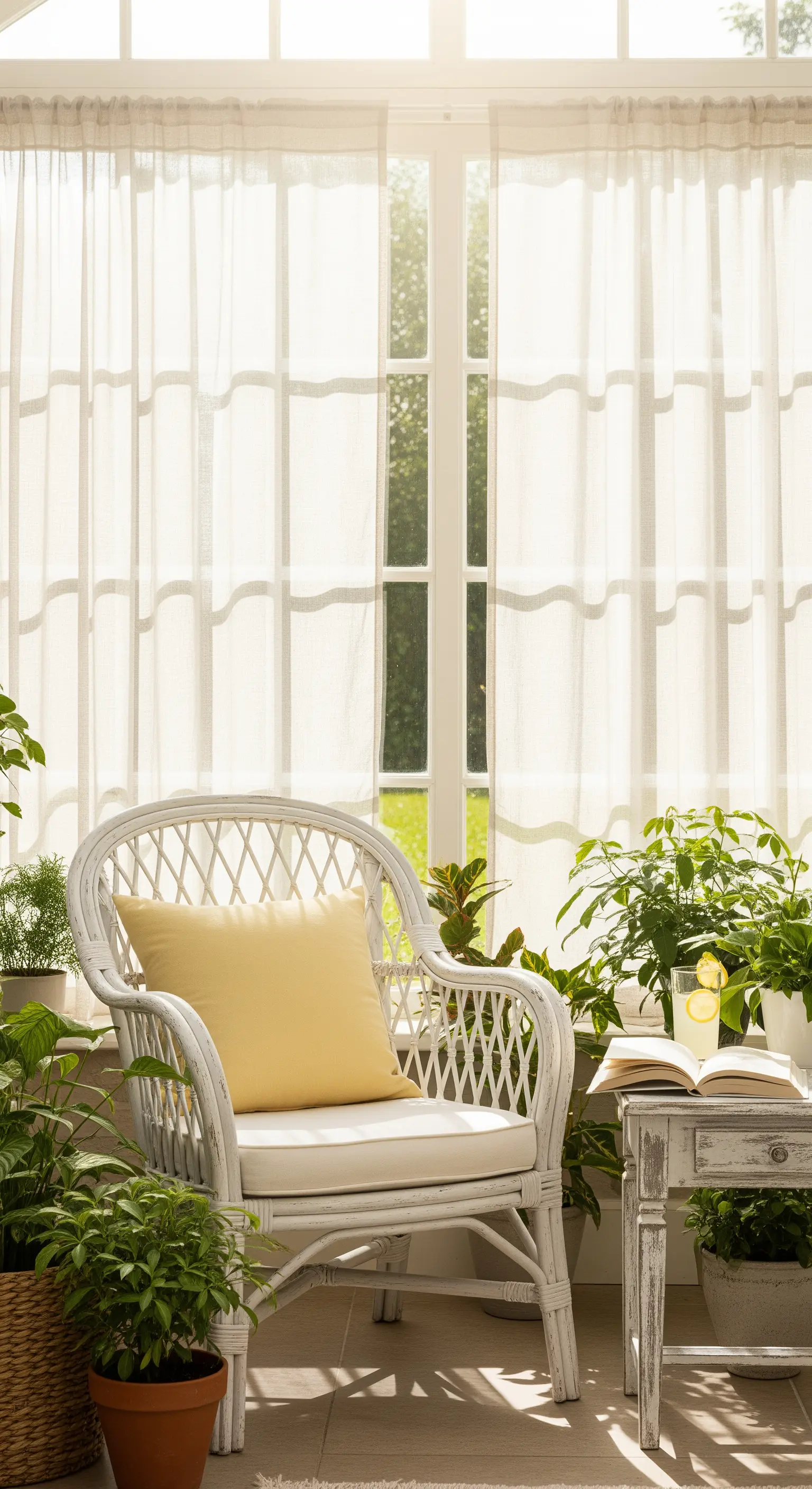 Poltrona in vimini bianco in una veranda luminosa, circondata da piante e con un cuscino giallo.