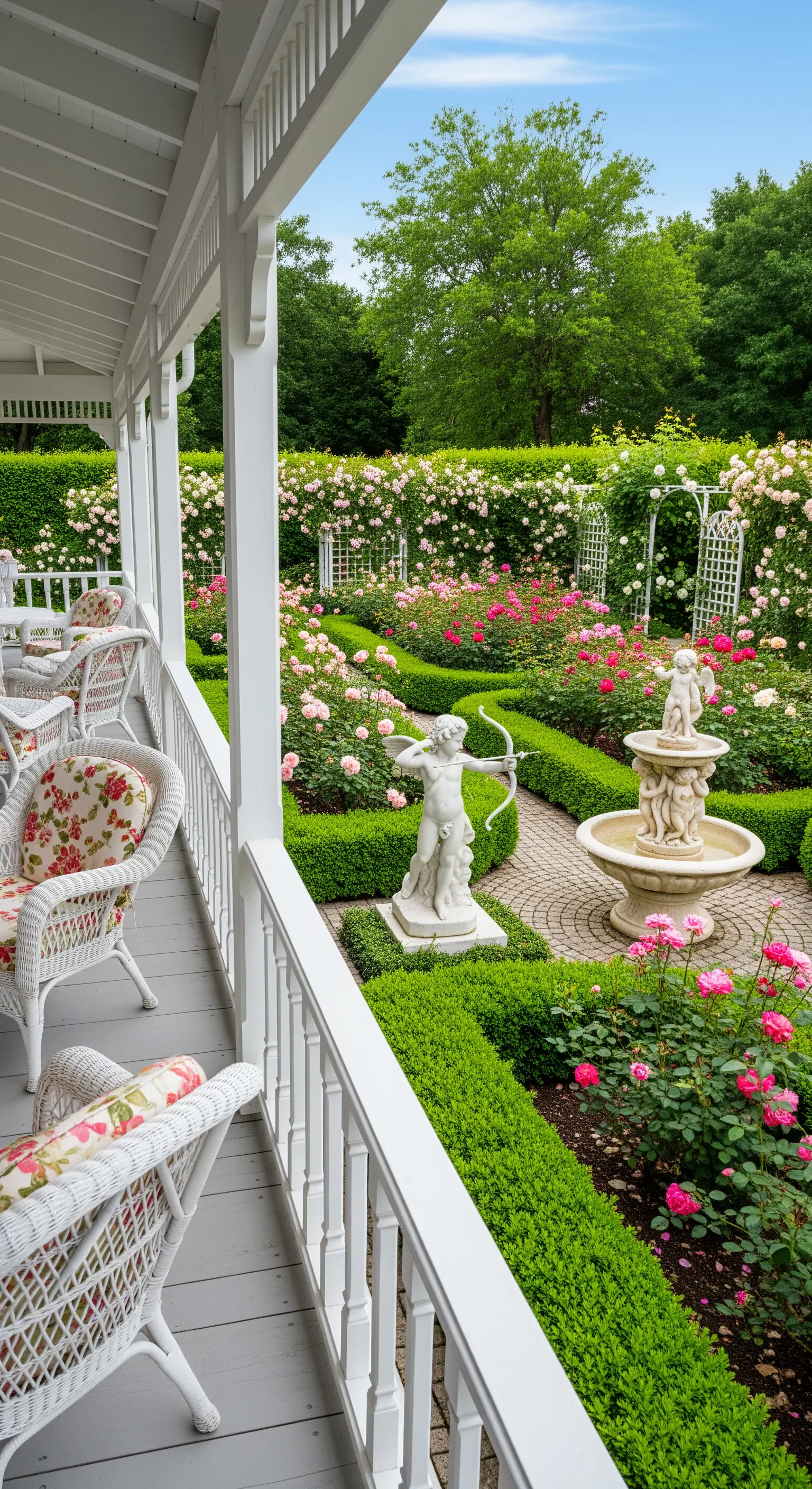 Veranda con sedie in vimini bianco e cuscini a fiori affacciata su un roseto con una statua.
