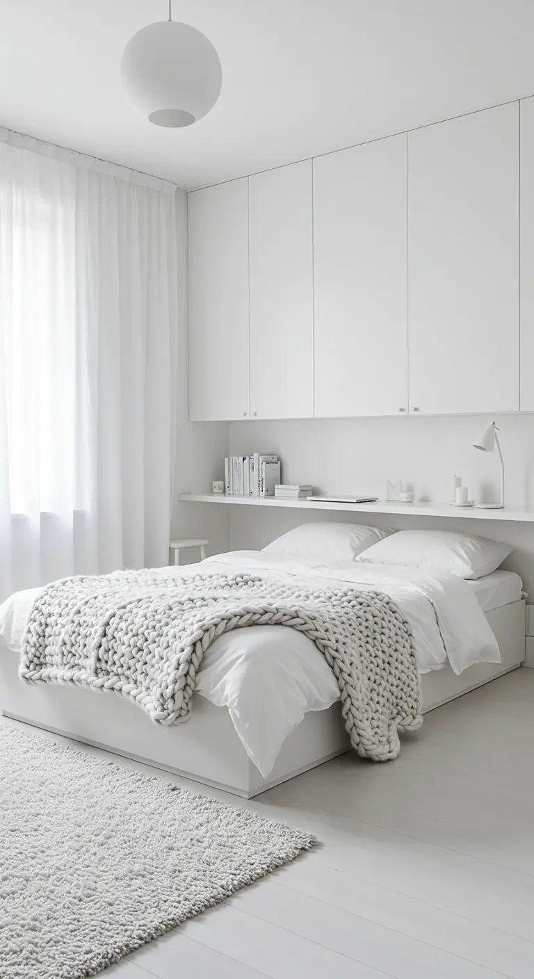 Camera da letto total white con una lunga mensola che funge da testiera e scrivania.