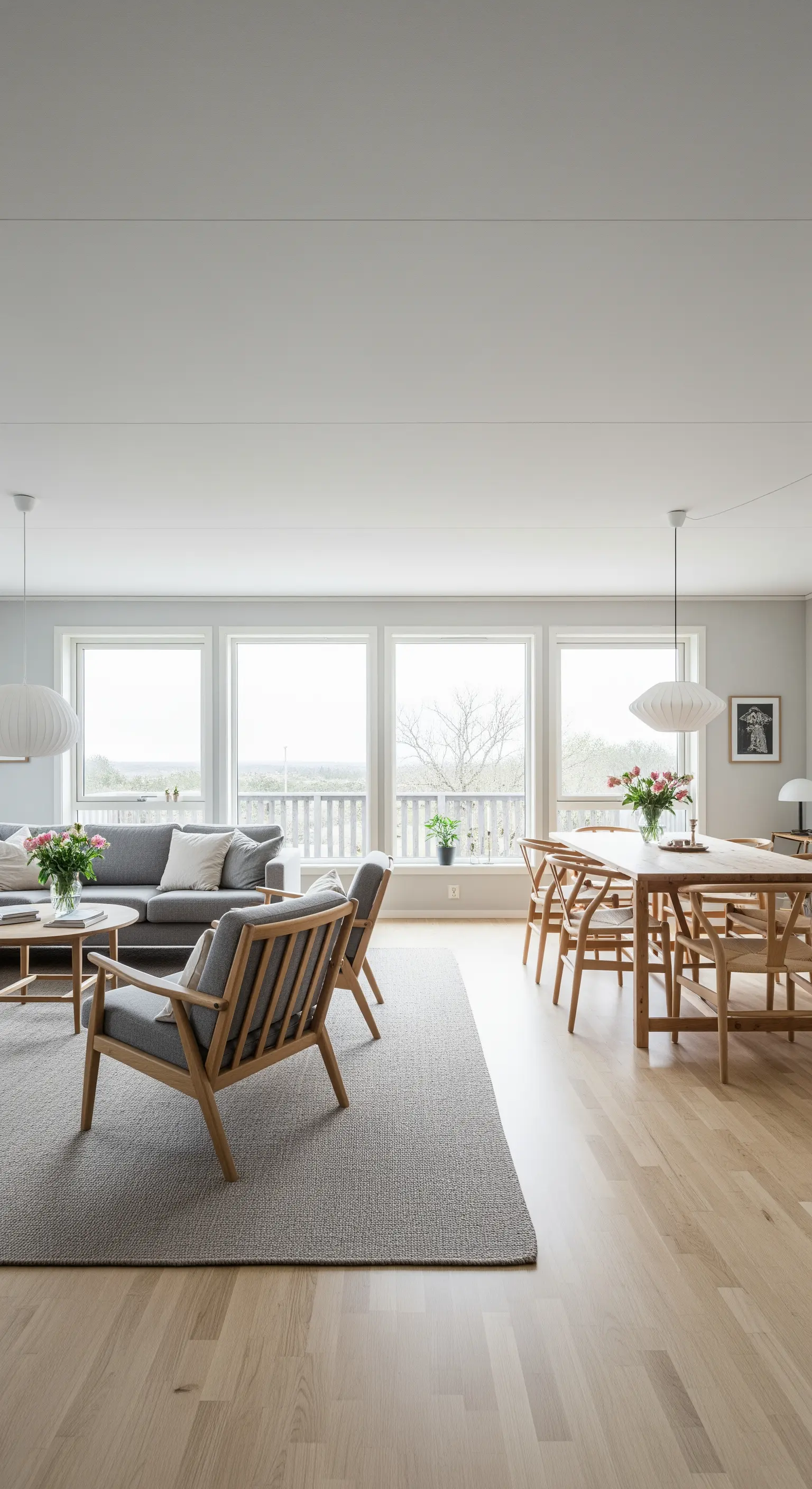 Ampio salotto e zona pranzo open space con mobili in legno chiaro e un grande tappeto grigio.