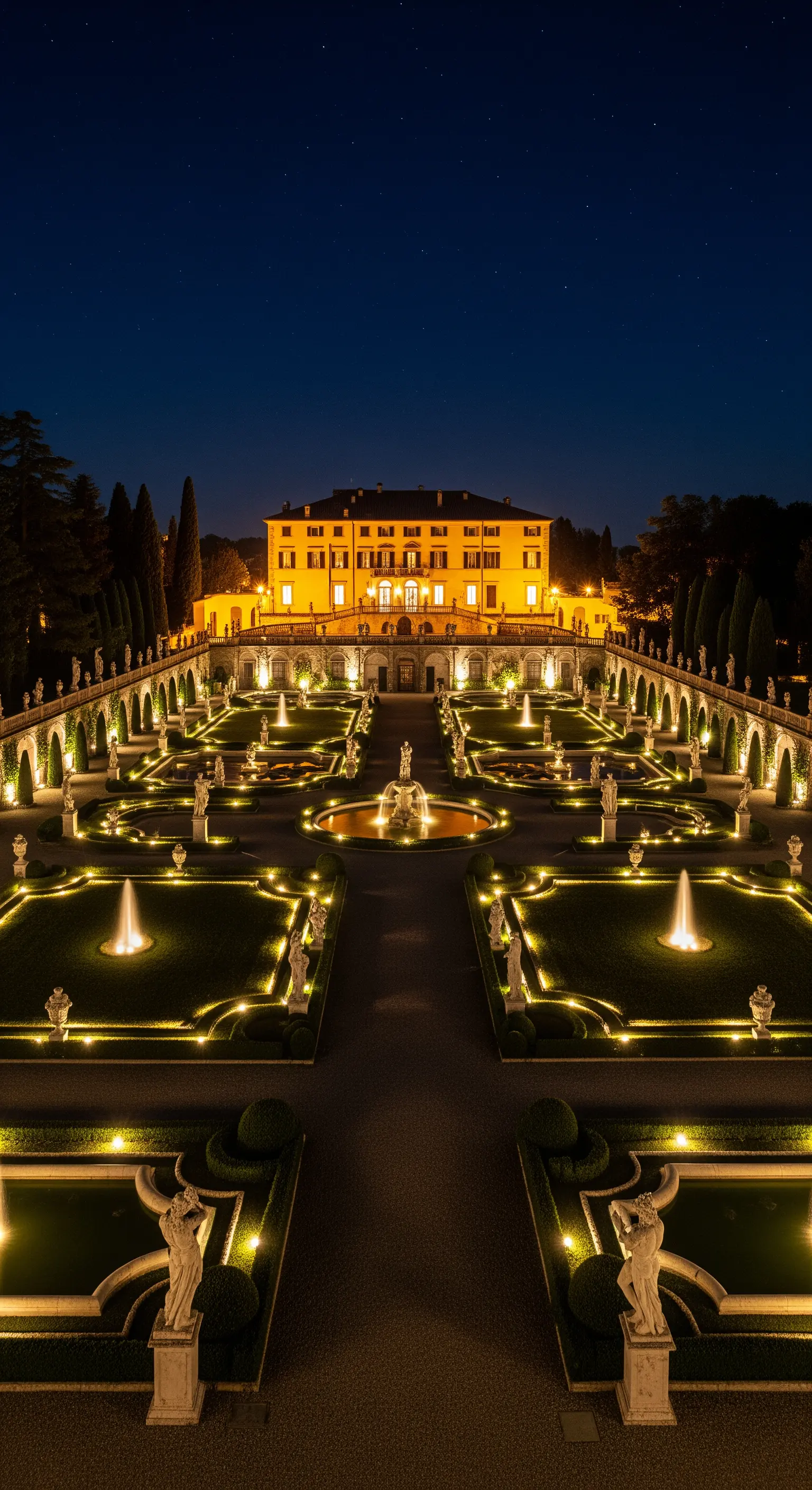 Grande villa storica e il suo giardino formale, entrambi illuminati in modo scenografico di notte.