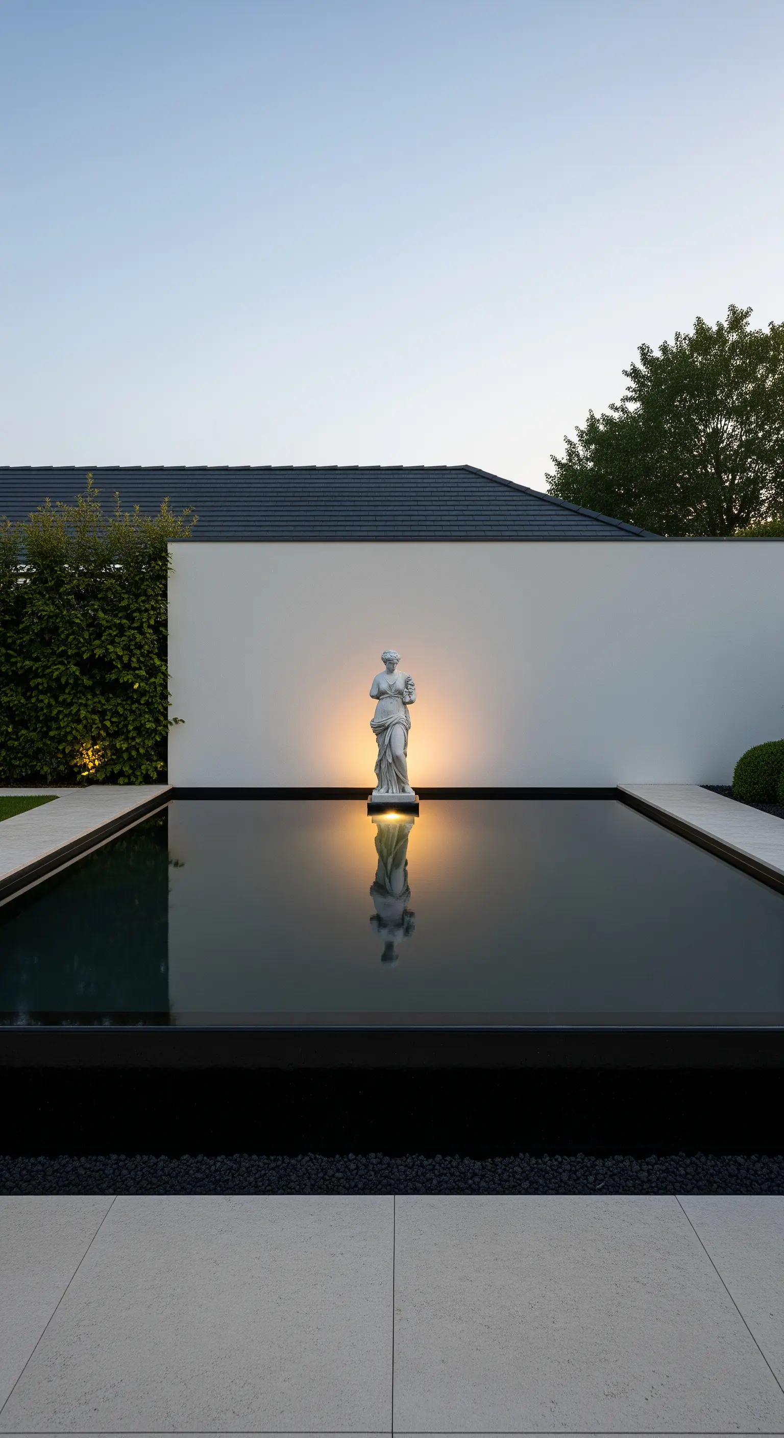 Statua classica illuminata al centro di una piscina moderna e minimalista al crepuscolo.