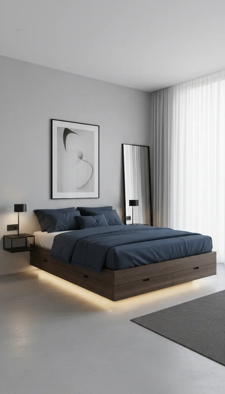Letto basso in legno scuro con cassetti contenitore, comodini sospesi e luci a LED inferiori.
