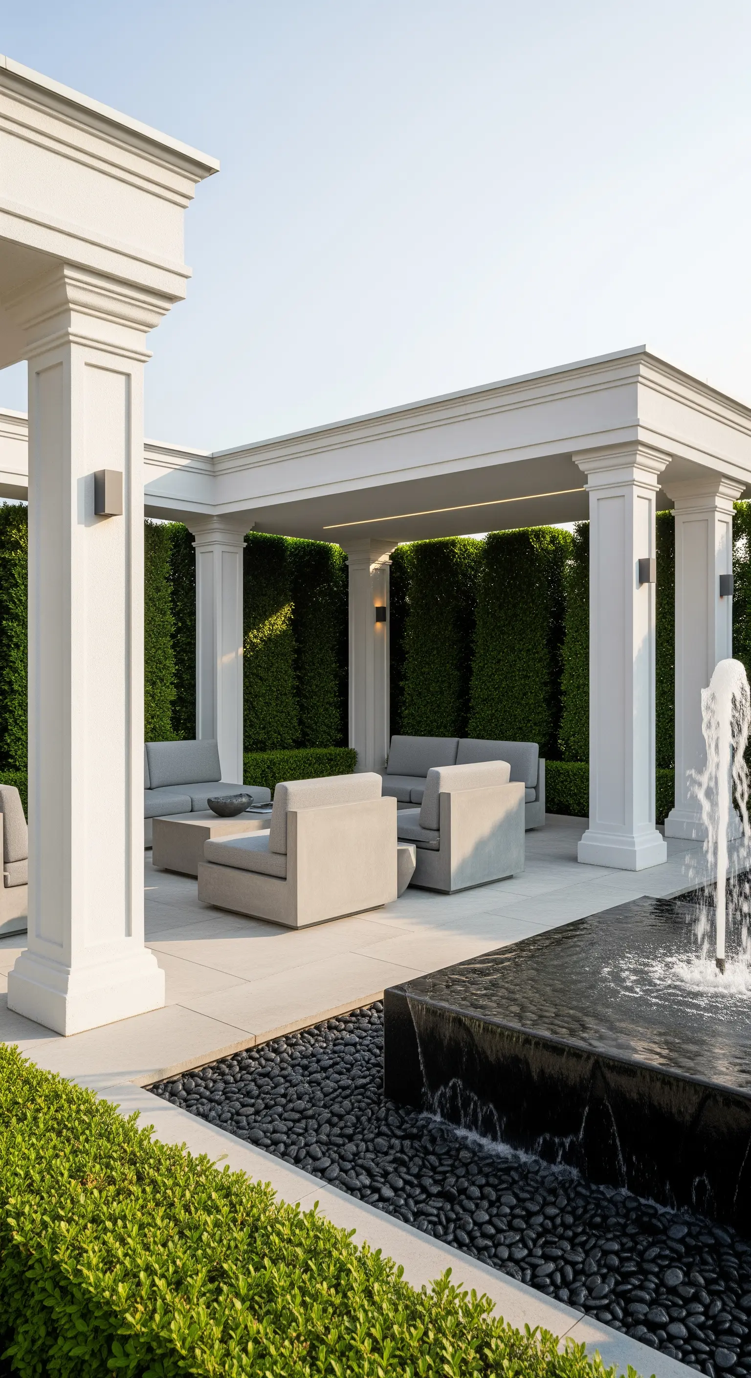 Patio moderno con colonne bianche, divani grigi e una fontana a sfioro con ciottoli neri.