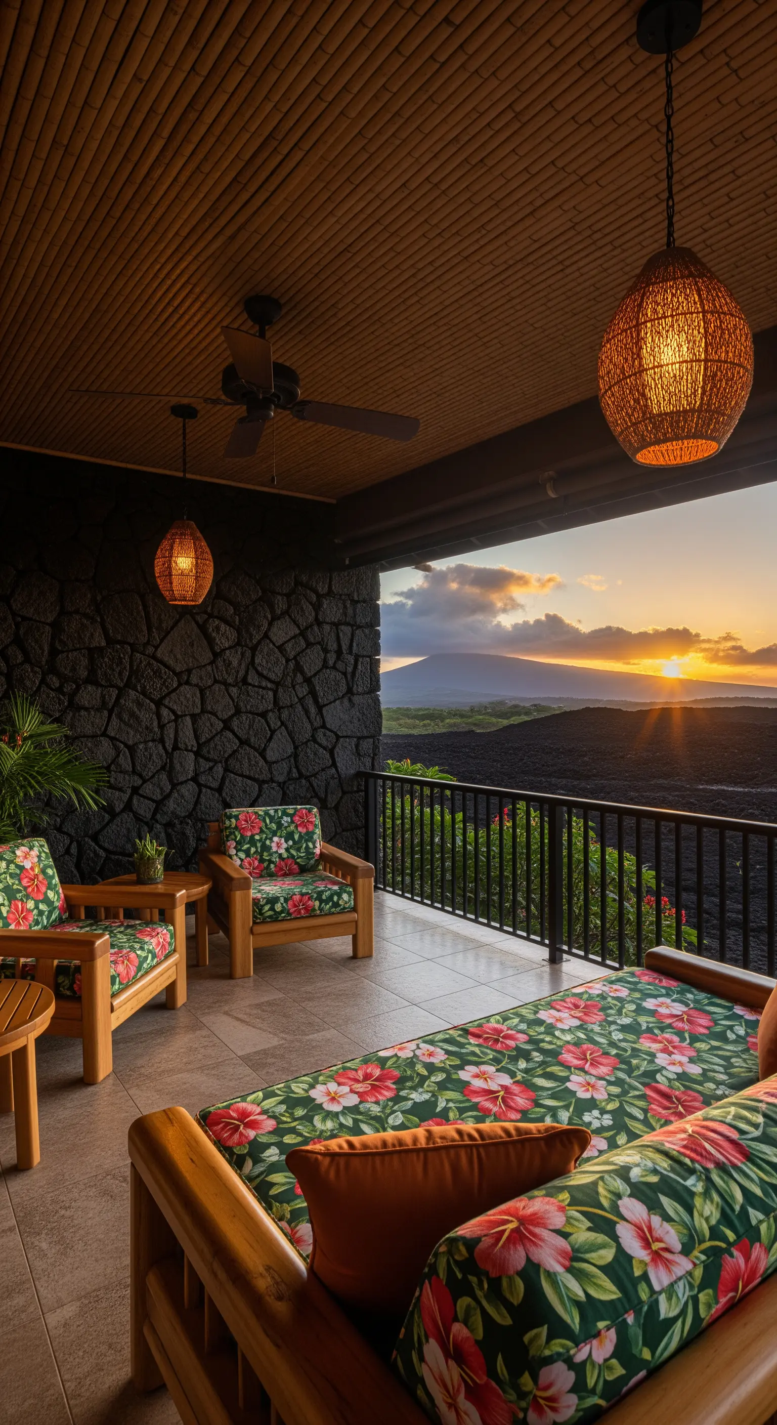 Veranda con mobili in legno e cuscini a fiori di ibisco affacciata su un tramonto.