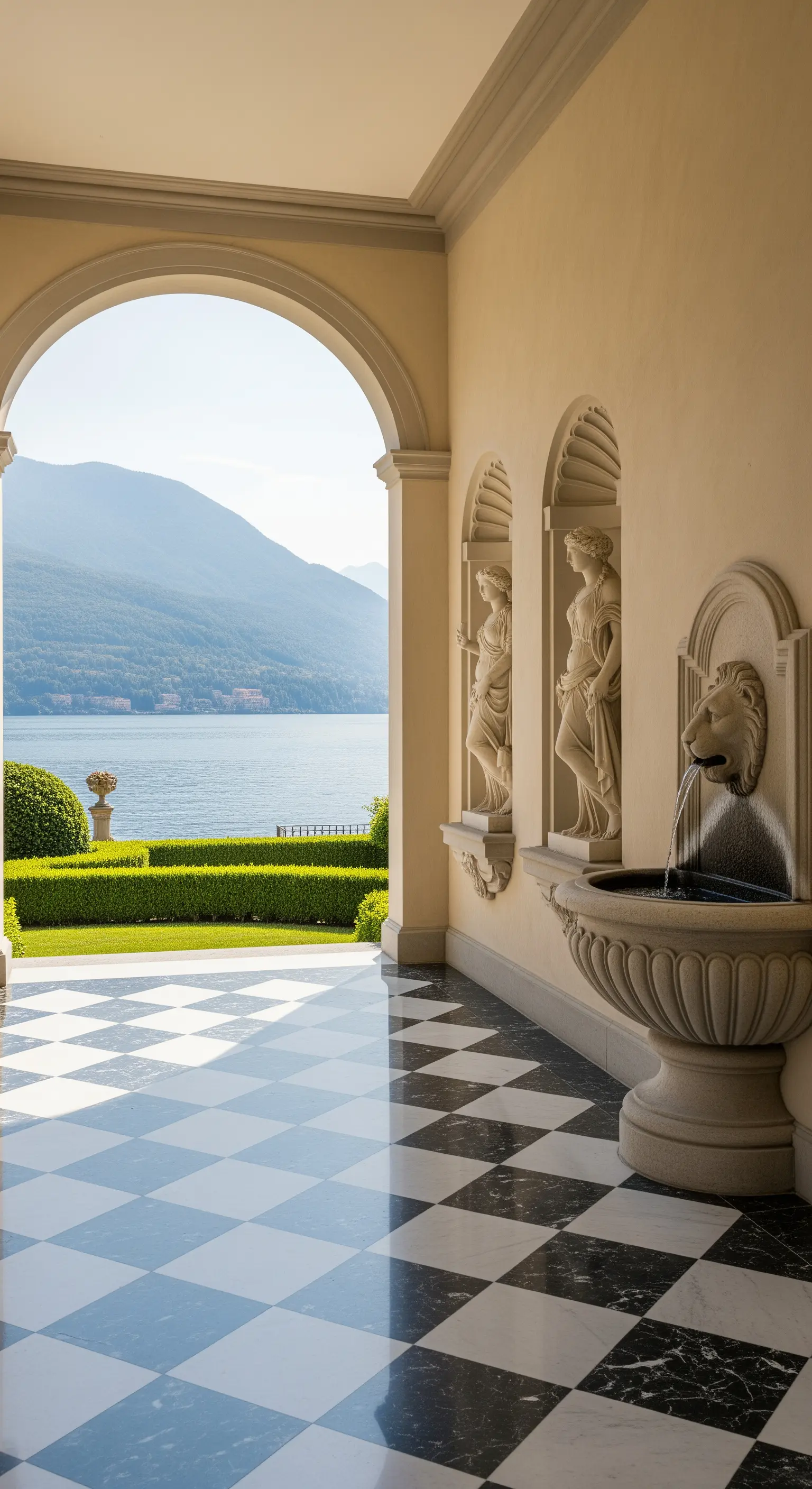 Loggia con pavimento a scacchi, statue in nicchie e vista sul lago.