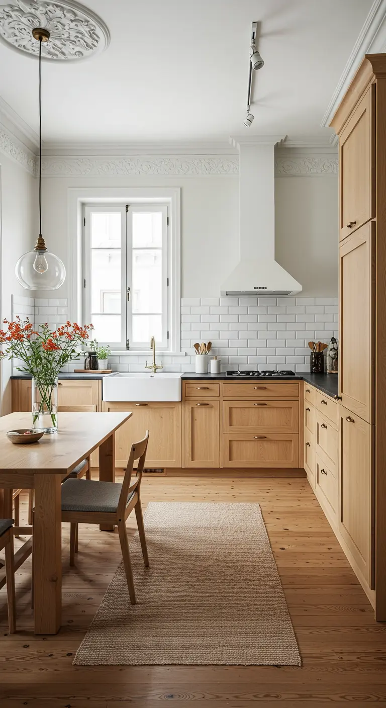 Cucina scandinava con mobili in legno, lavello farmhouse e un soffitto classico decorato.