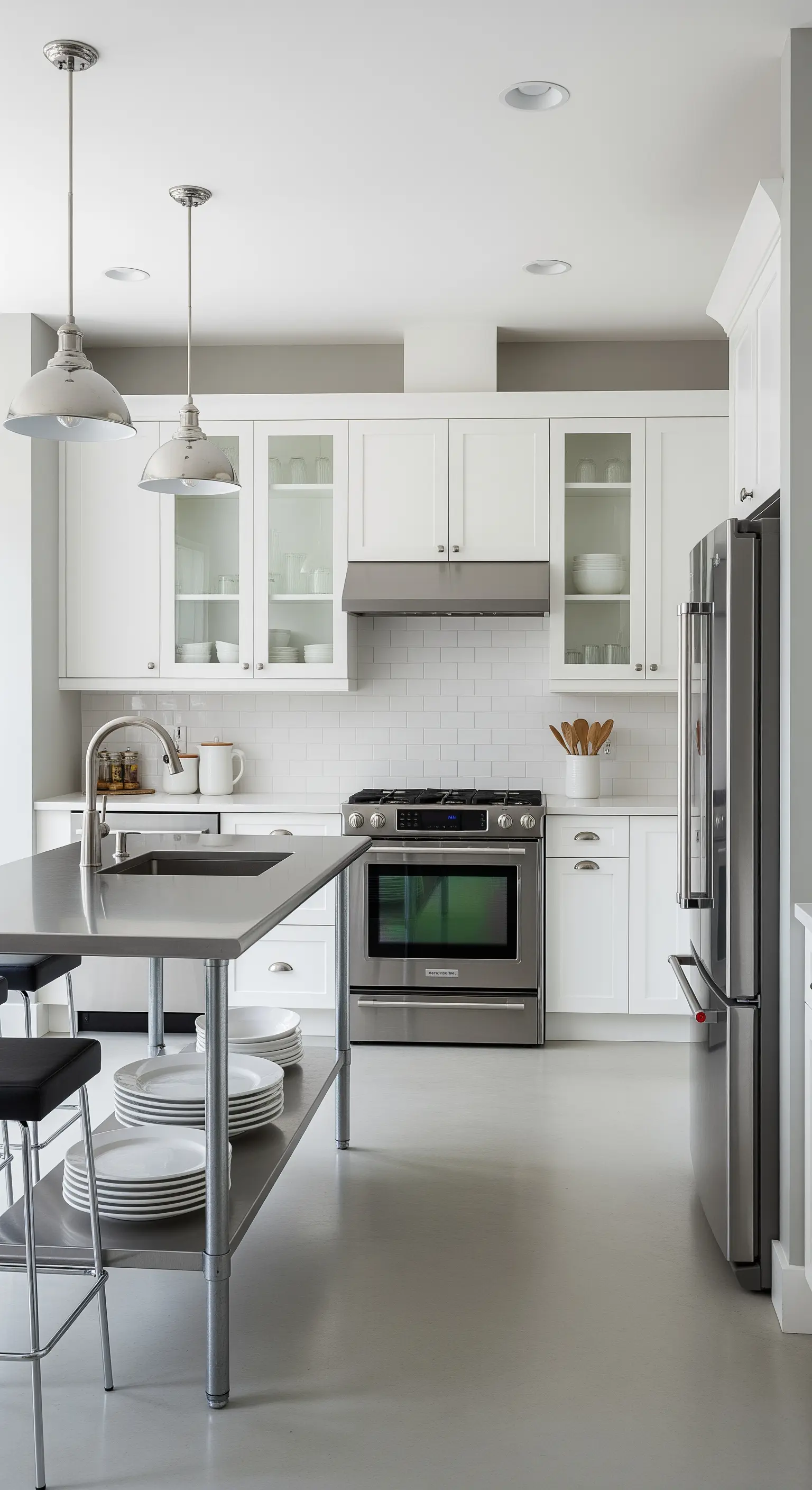 Cucina con isola in acciaio, mobili bianchi con ante a telaio e pavimento grigio.