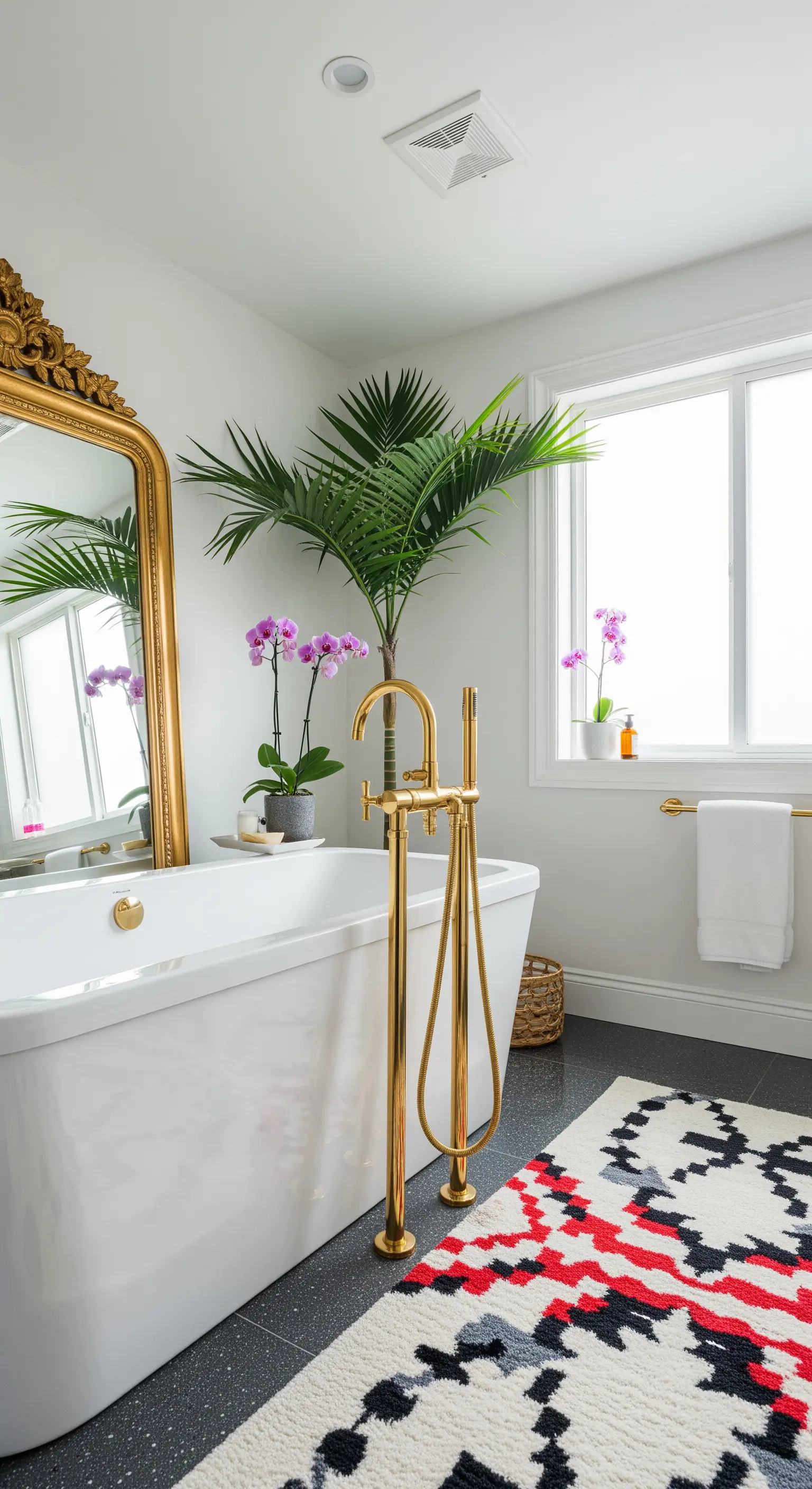 Bagno con vasca bianca, specchio dorato barocco e tappeto con motivo grafico moderno.