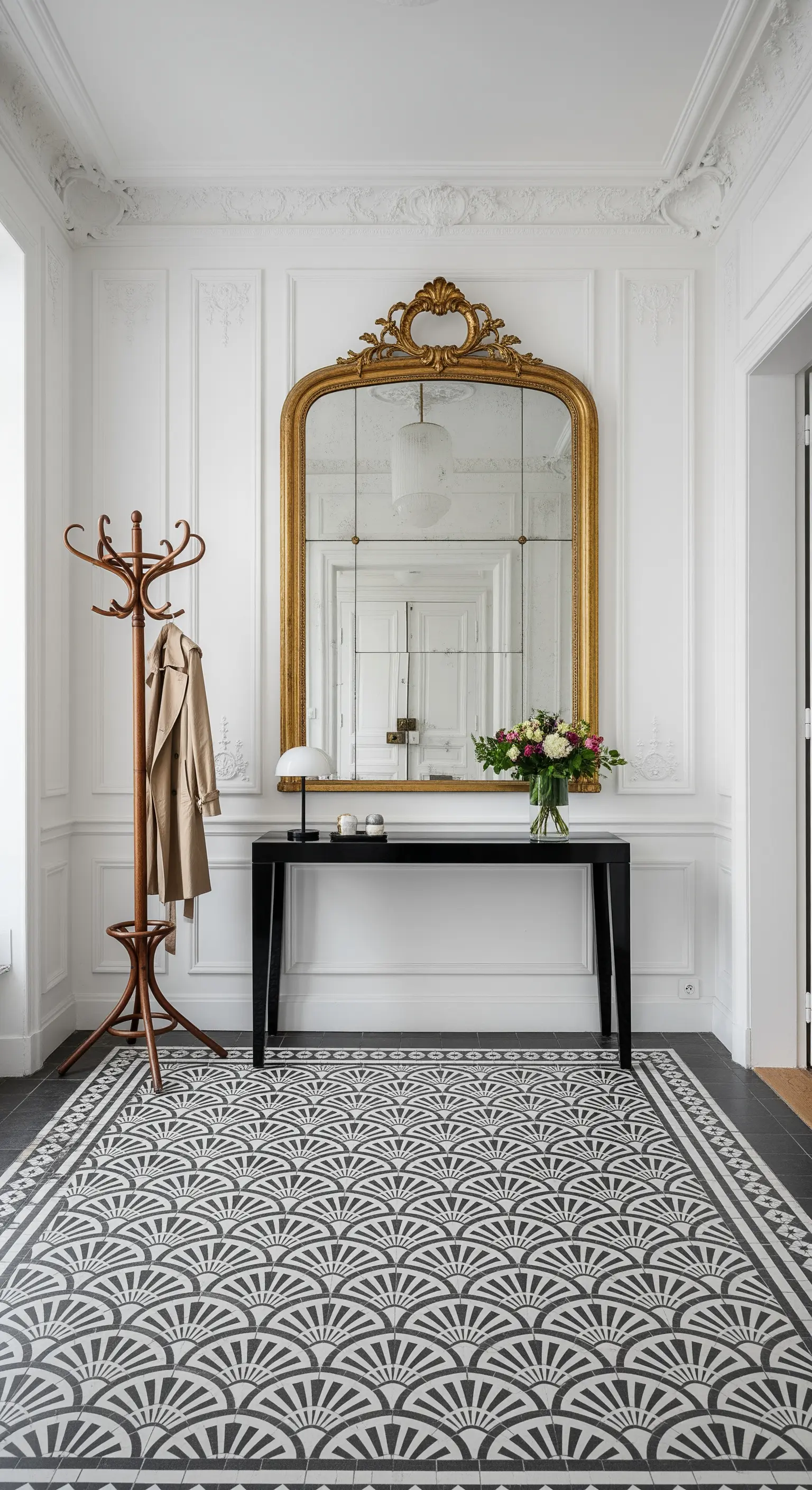 Ingresso in stile parigino con boiserie, specchio dorato e pavimento in cementine art déco.