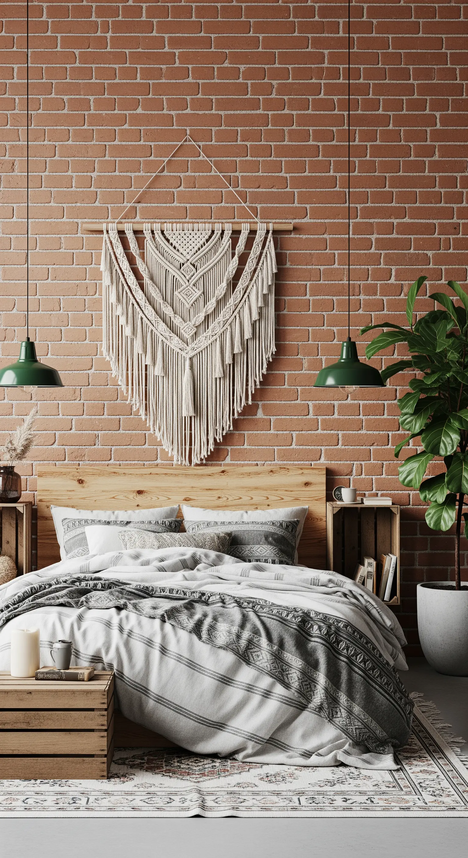 Letto in legno con arazzo in macramè appeso sulla parete di mattoni e casse di legno come comodini.
