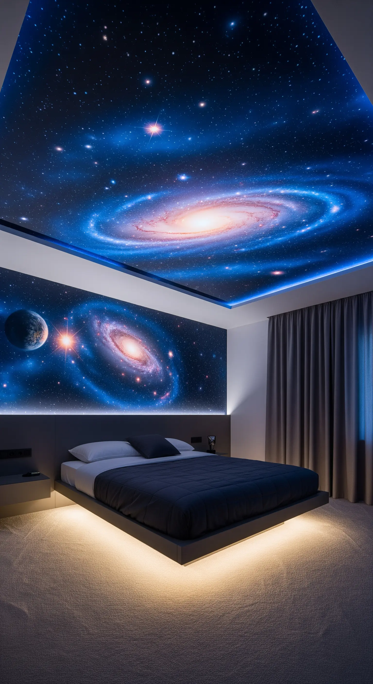 Camera da letto futuristica con un murale di una galassia su pareti e soffitto, illuminato da LED.