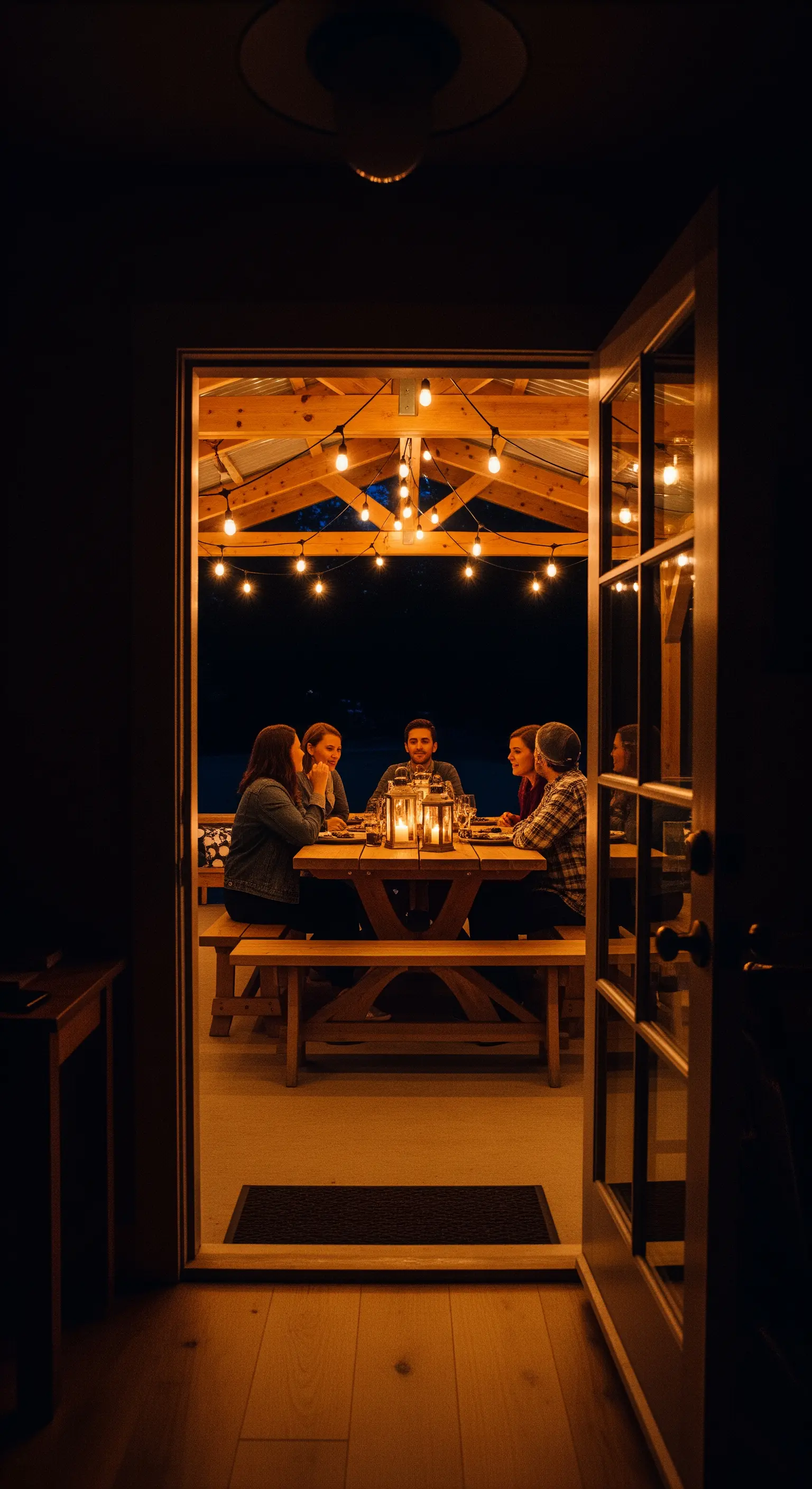 Vista dall'interno di una casa verso un patio illuminato dove un gruppo di amici cena.