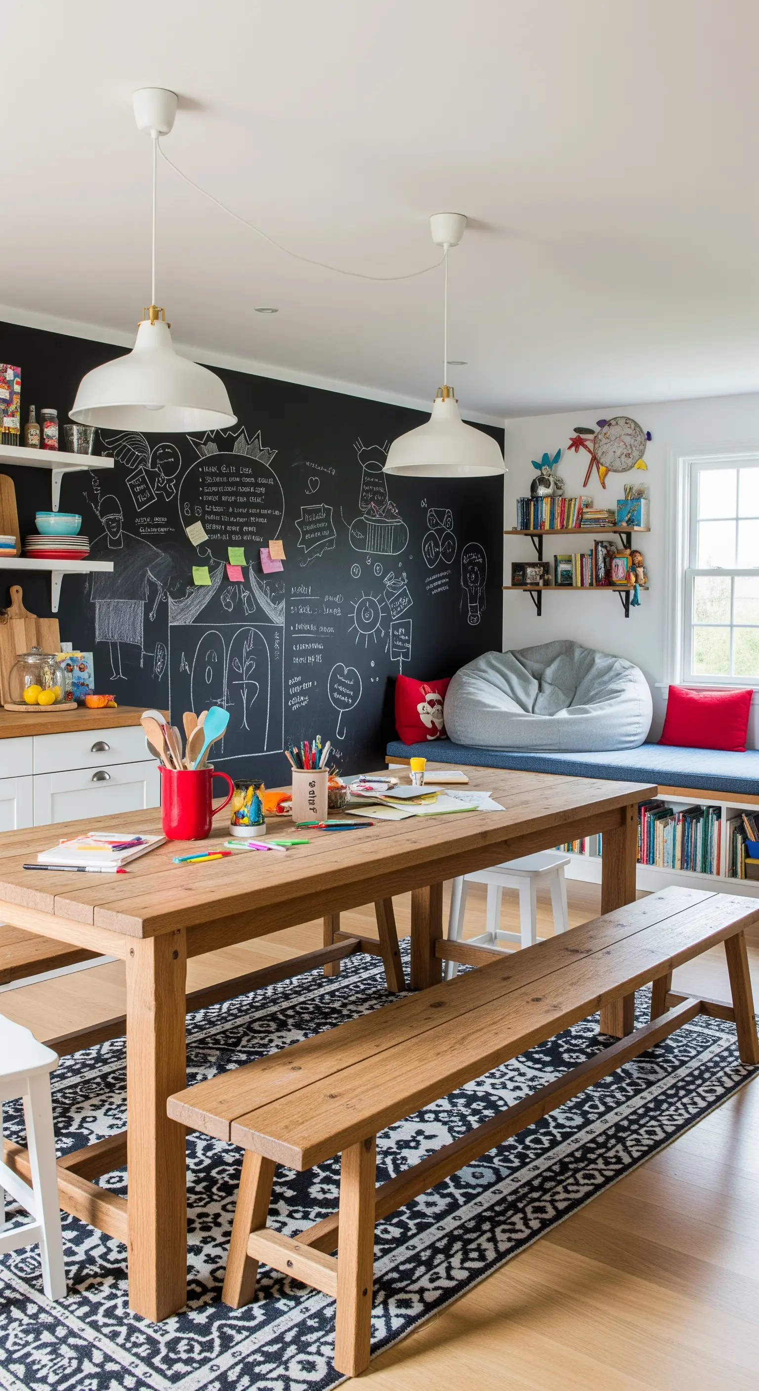 Cucina familiare con una grande parete lavagna, tavolo in legno e angolo gioco con pouf.