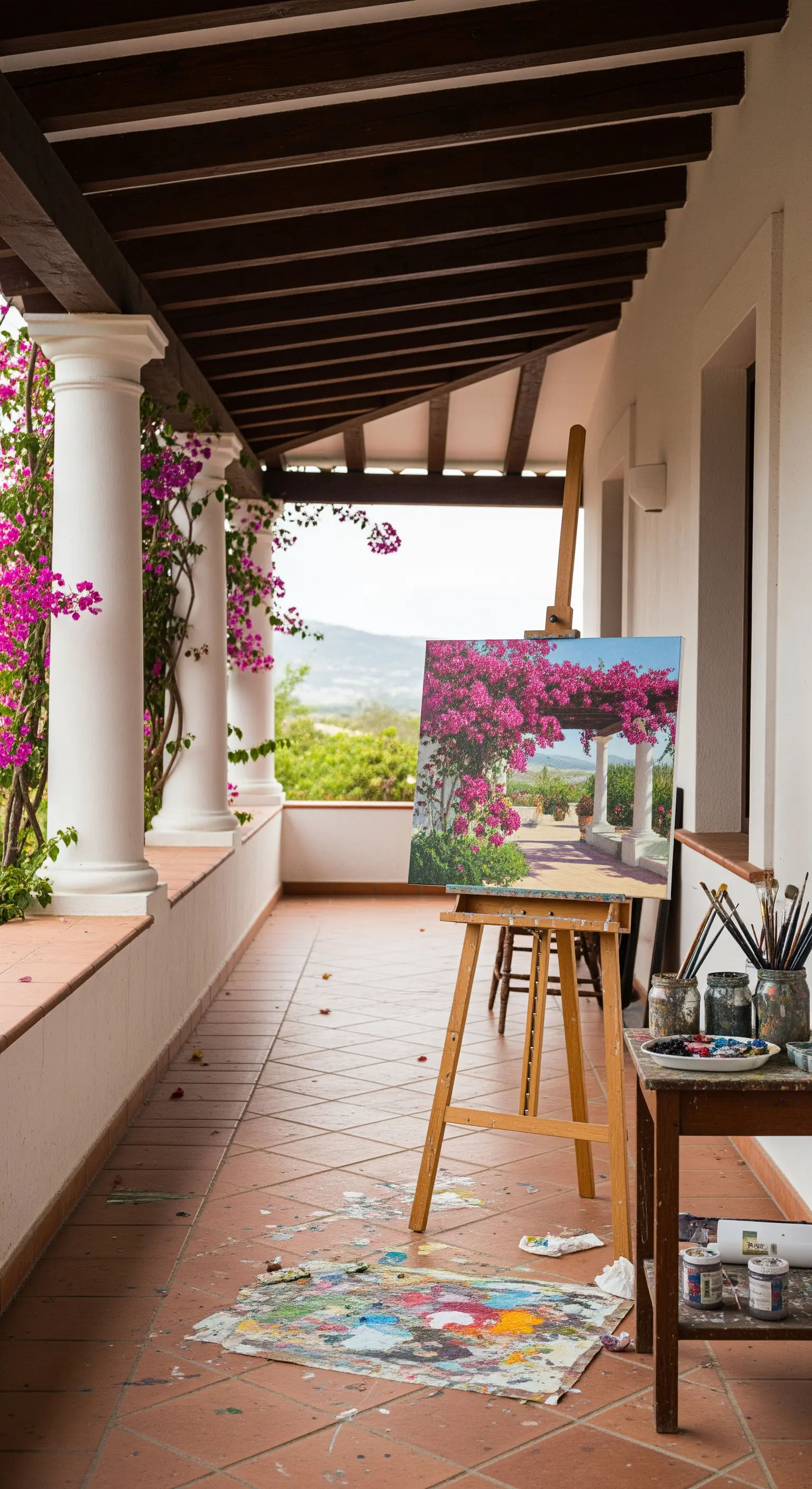 Cavalletto con un dipinto di bouganville posizionato su un portico con pavimento in cotto