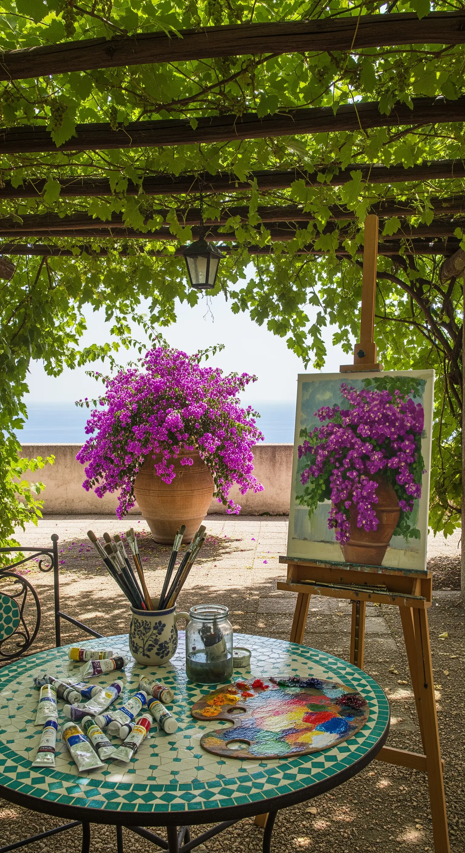 Angolo per dipingere all'aperto con cavalletto e tavolo in mosaico sotto una pergola.