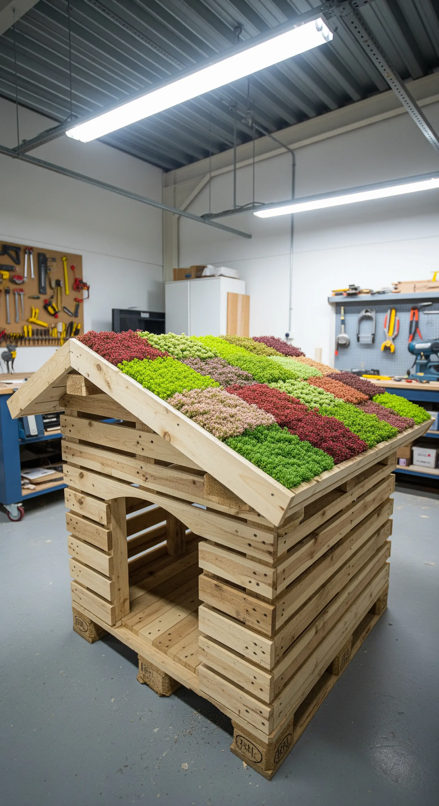 Cuccia per cani fai-da-te costruita con pallet e un tetto a strisce di piante grasse.