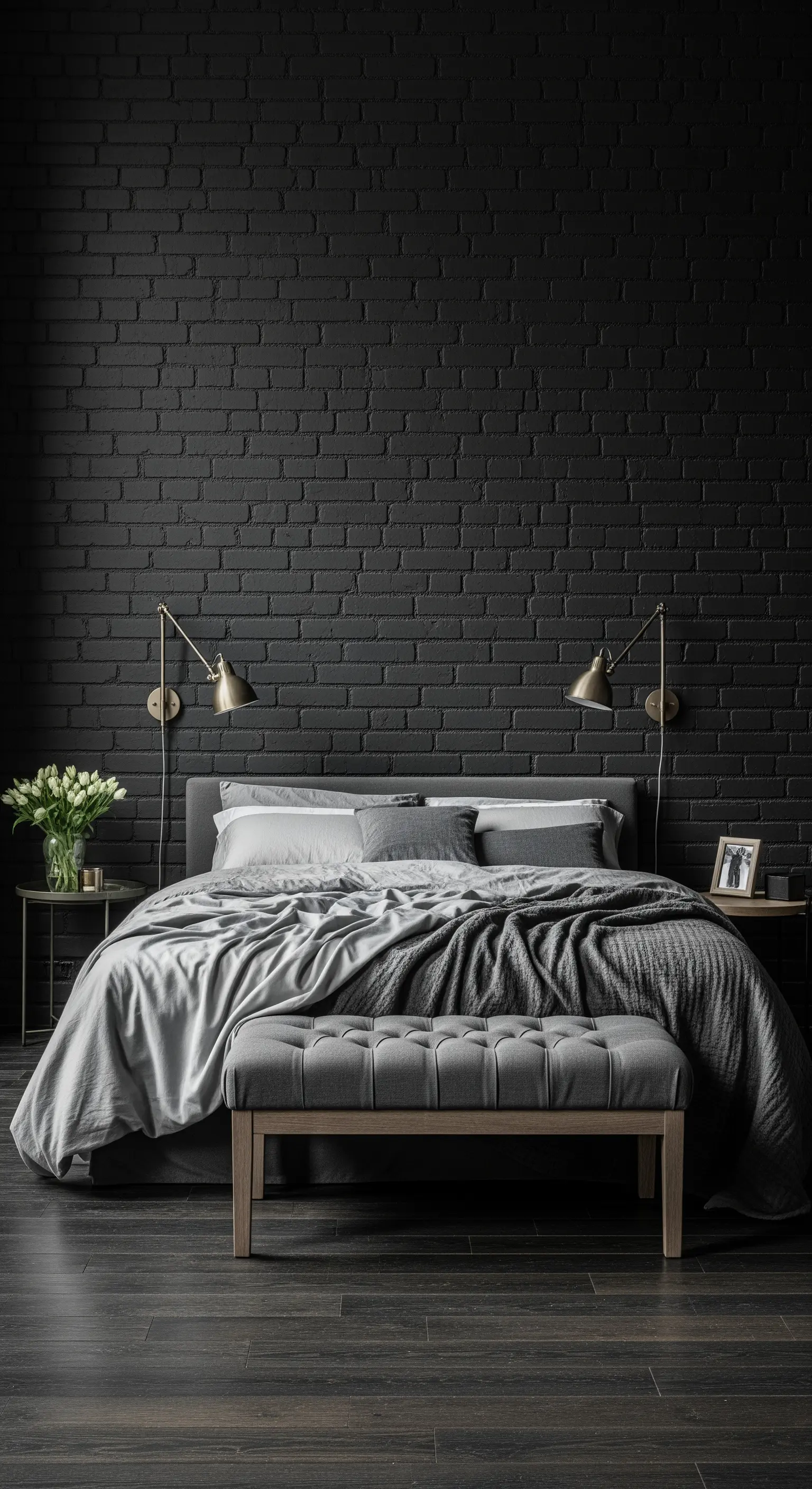 Letto grigio con testiera imbottita contro una parete di mattoni neri e due applique dorate orientabili.