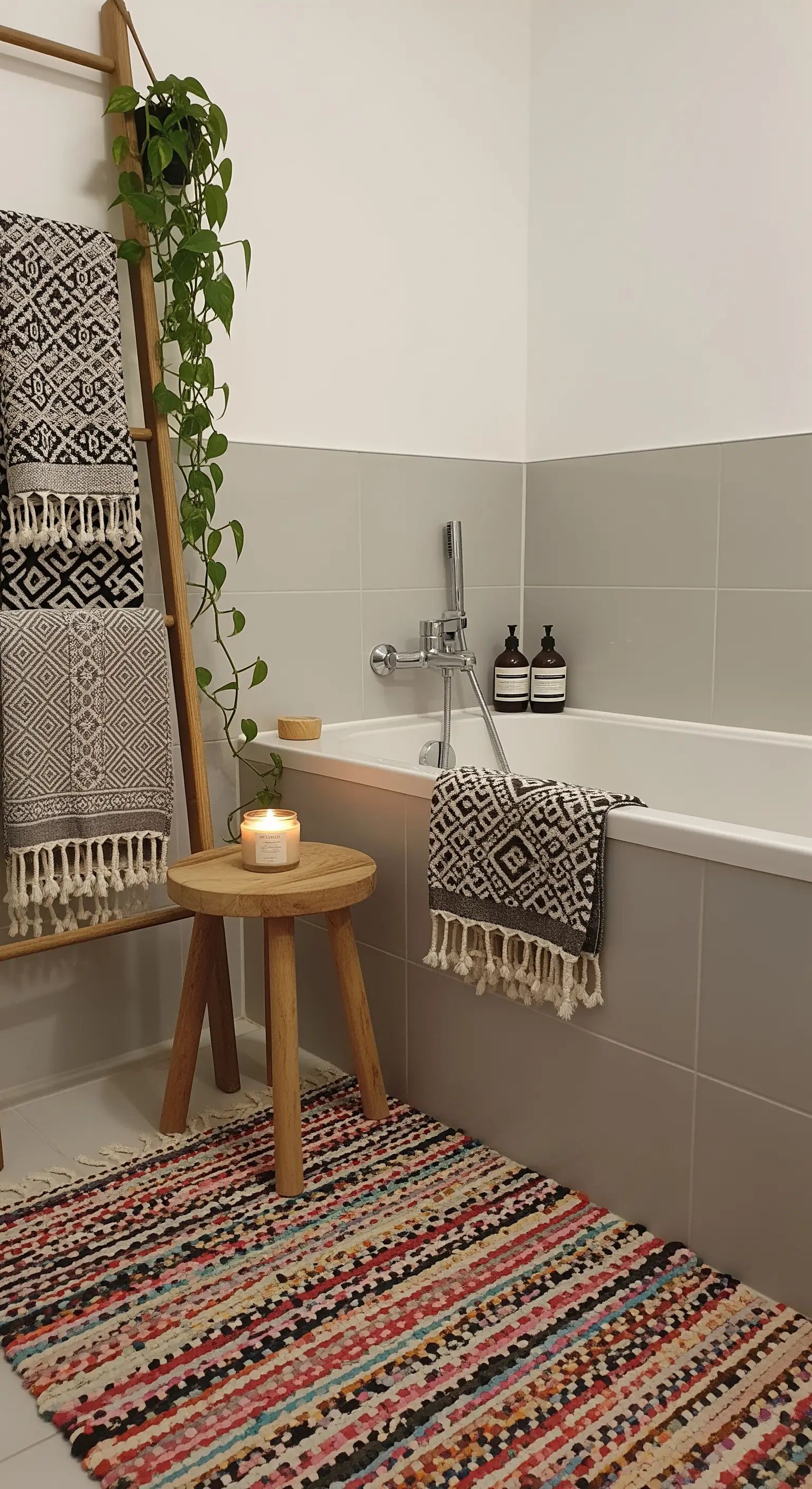 Dettaglio di un bagno con tappeto colorato e una scala in legno usata come porta-asciugamani.