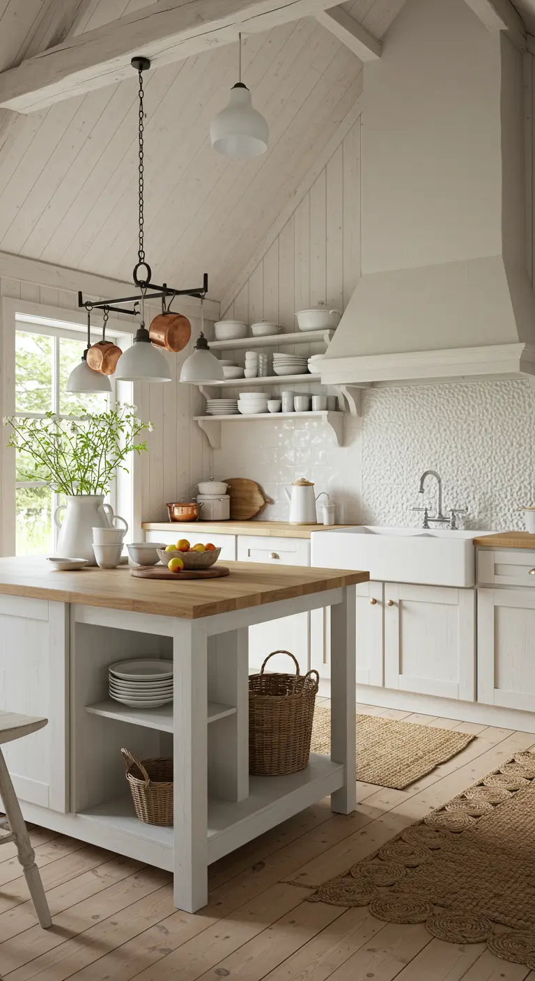 Cucina rustica scandinava con mobili bianchi, isola con top in legno e soffitto a spiovente.