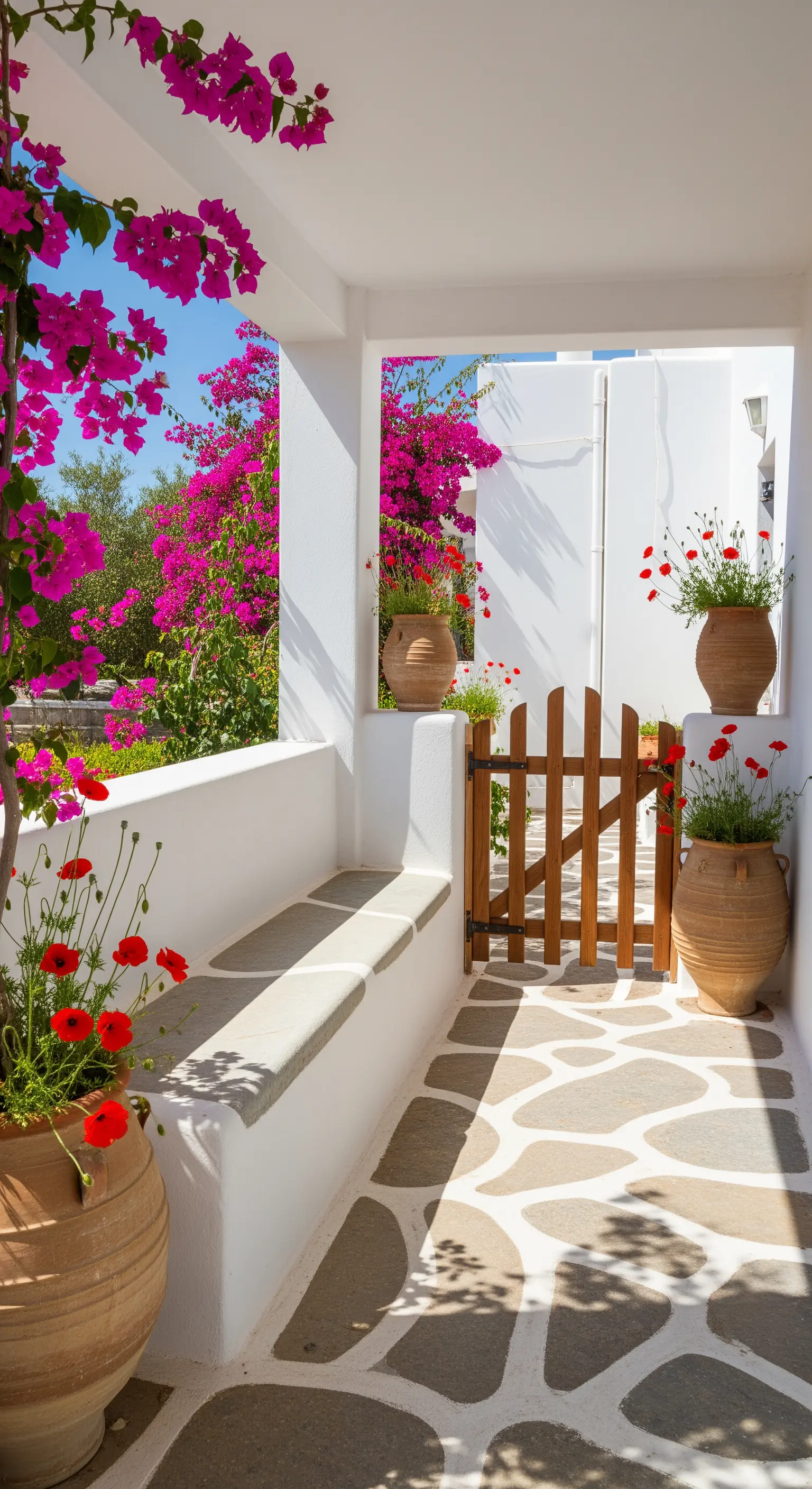 Portico mediterraneo con pareti bianche, bouganville fucsia e pavimento in pietra irregolare.