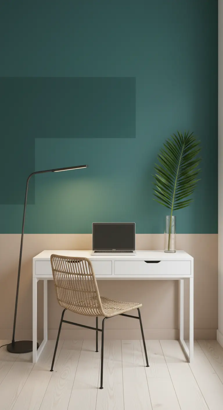 Scrivania bianca minimalista contro una parete divisa orizzontalmente in verde petrolio e beige.