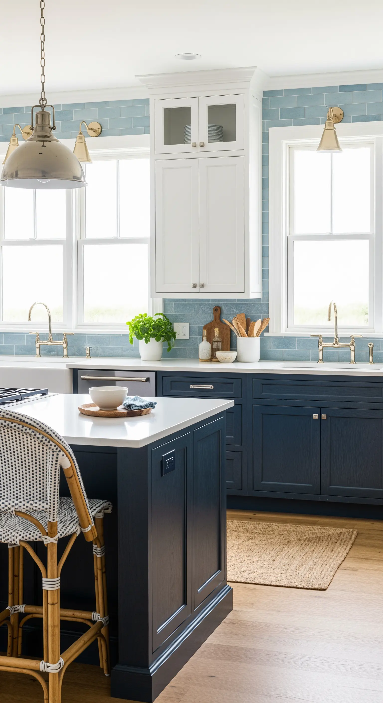 Cucina con basi blu scuro, pensili bianchi e paraschizzi con piastrelle azzurre.